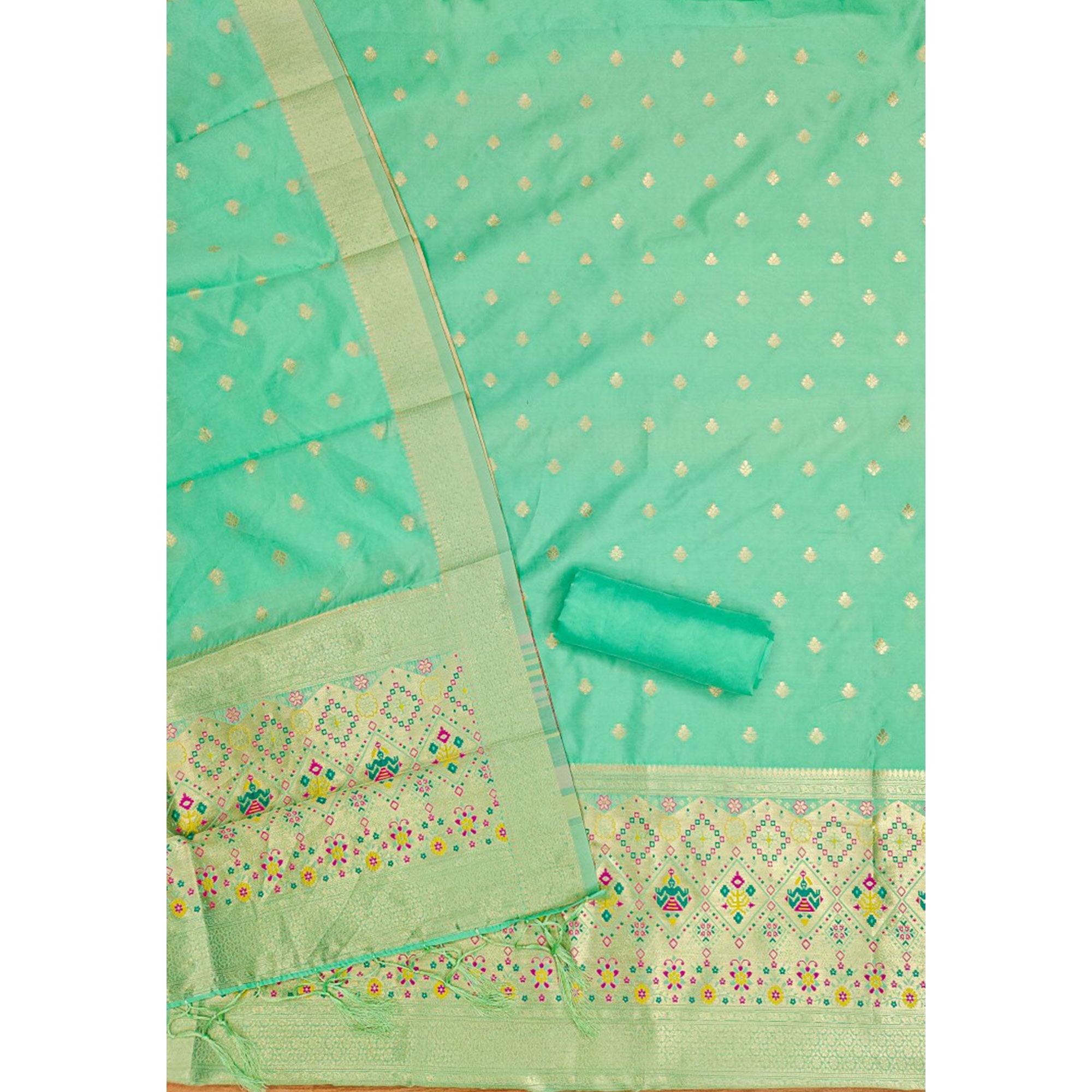 Aqua Green Zari Weaving Soft Banarasi Silk Dress Material