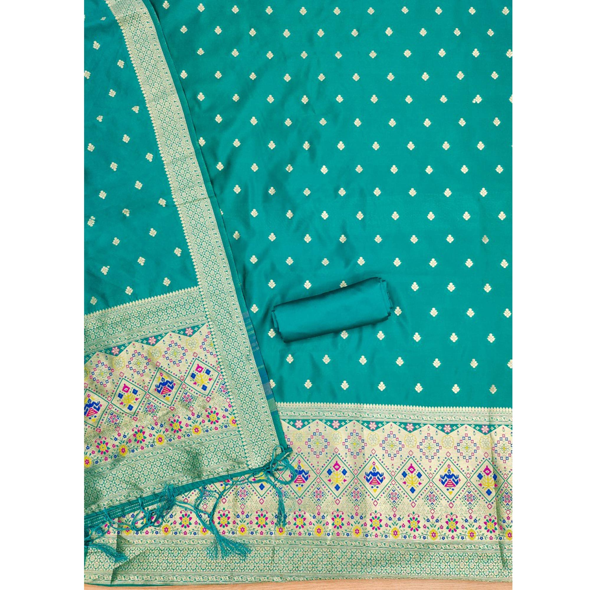 Teal Zari Weaving Soft Banarasi Silk Dress Material