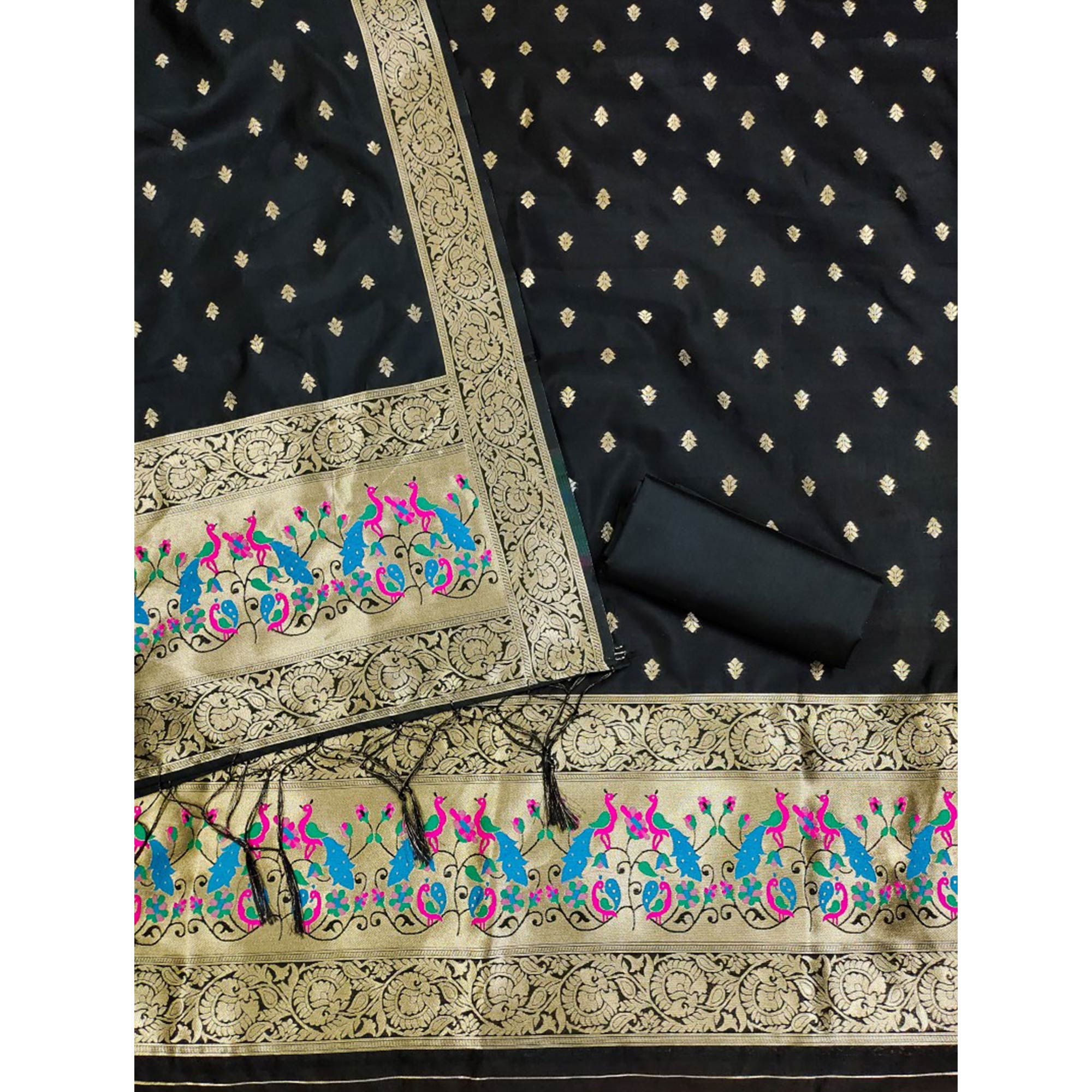 Black Floral Woven Banarasi Silk Dress Material