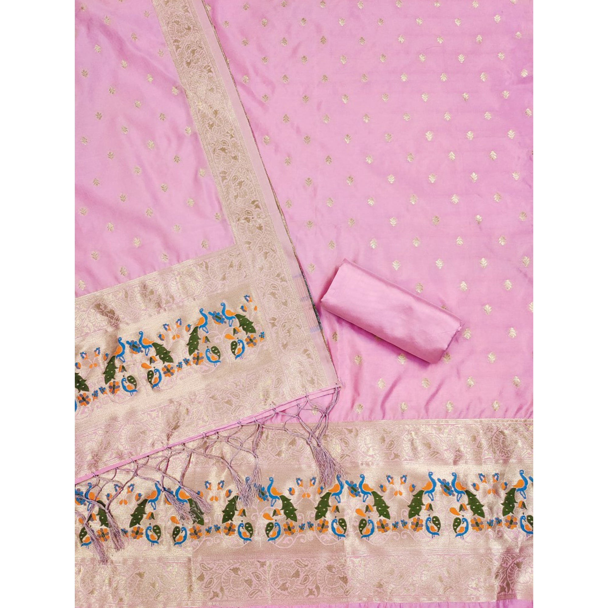 Baby Pink Floral Woven Banarasi Silk Dress Material