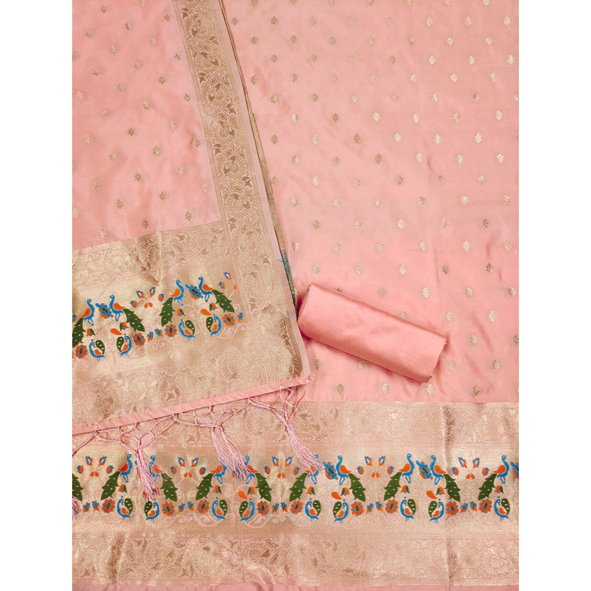 Peach Floral Woven Banarasi Silk Dress Material