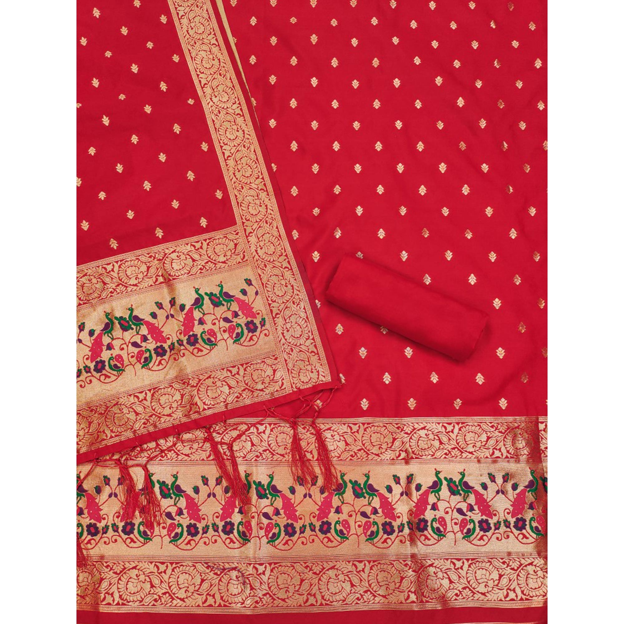 Red Floral Woven Banarasi Silk Dress Material