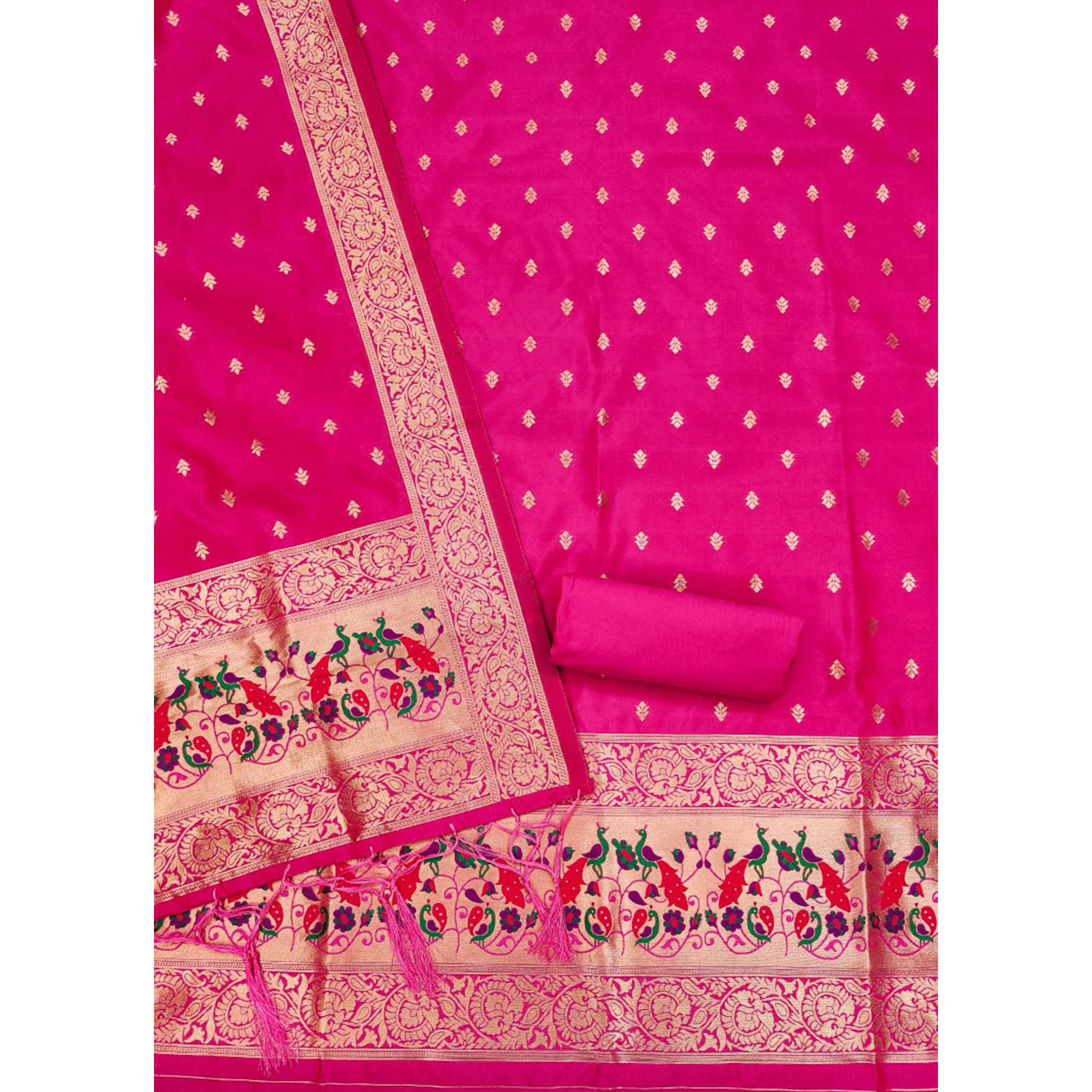 Rani Pink Floral Woven Banarasi Silk Dress Material