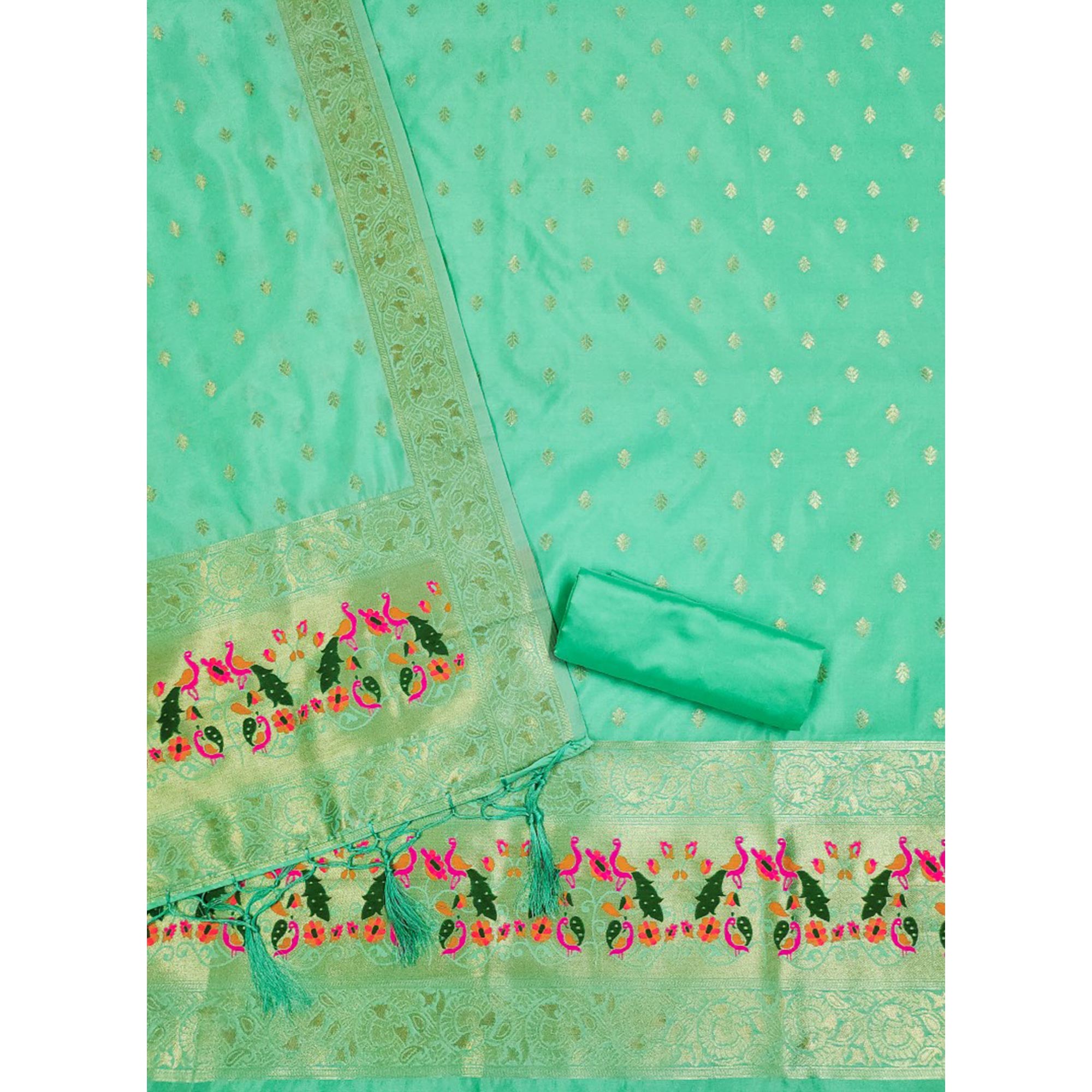 Sea Green Floral Woven Banarasi Silk Dress Material