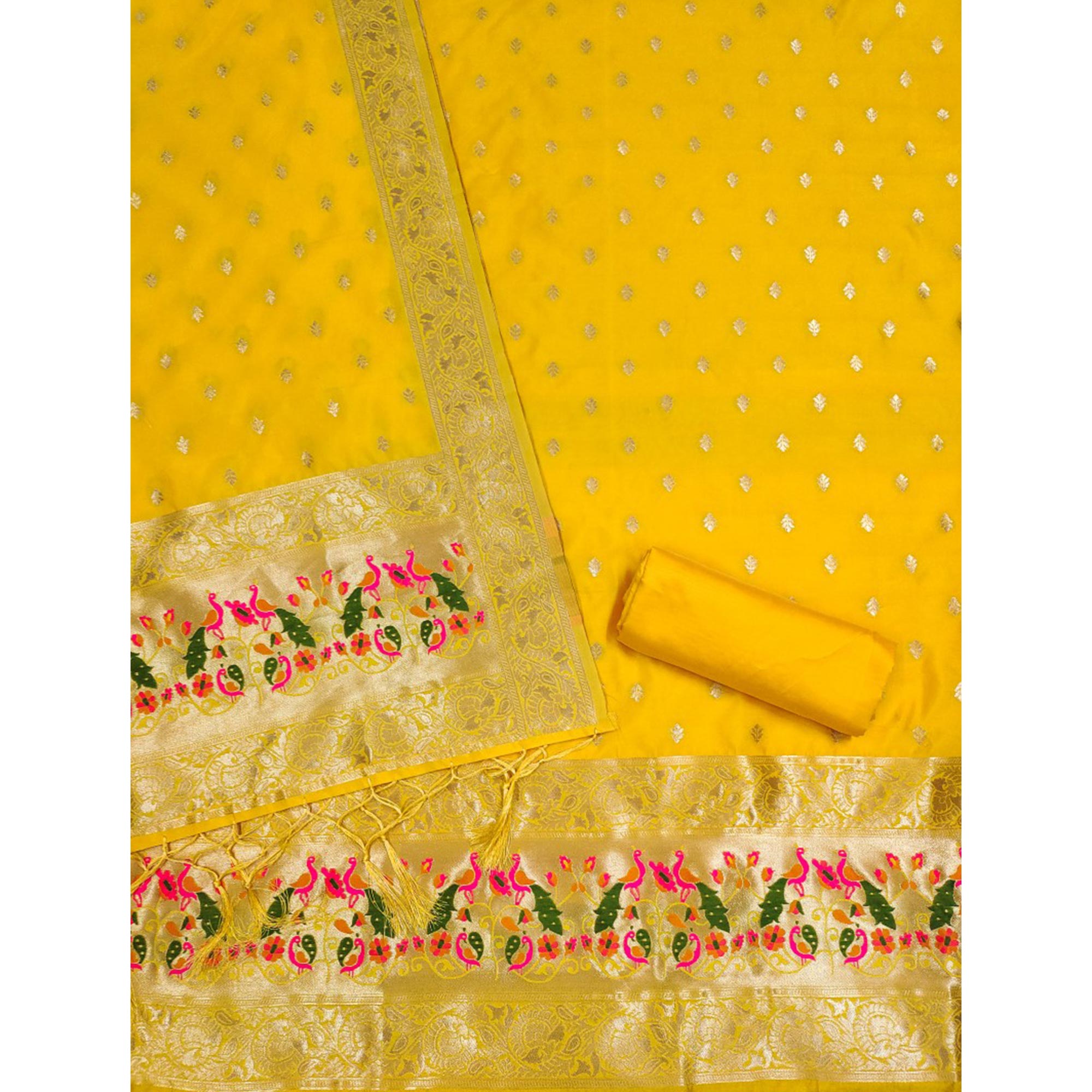 Yellow Floral Woven Banarasi Silk Dress Material