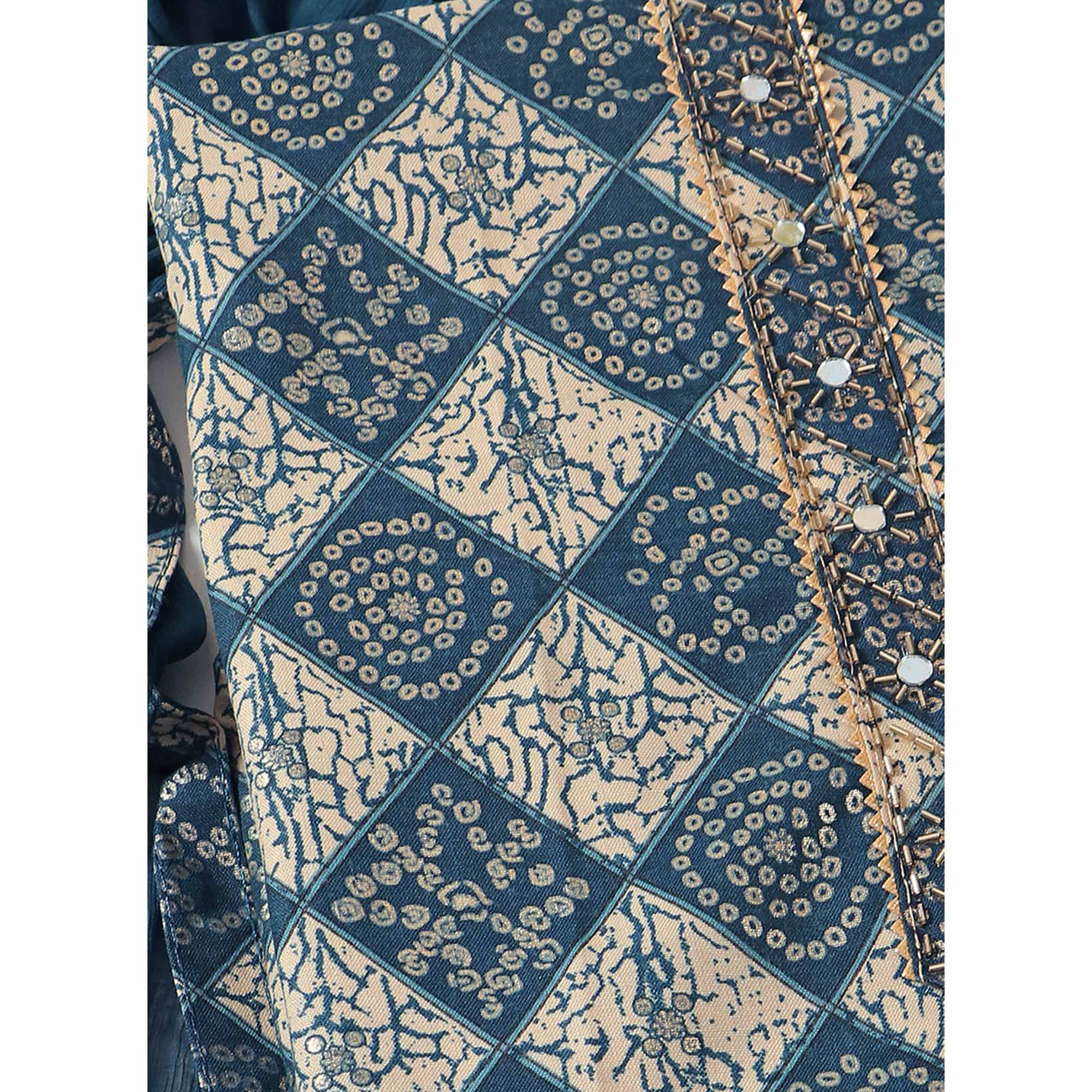 Blue Foil Printed With Handwork Pure Cotton Dress Material