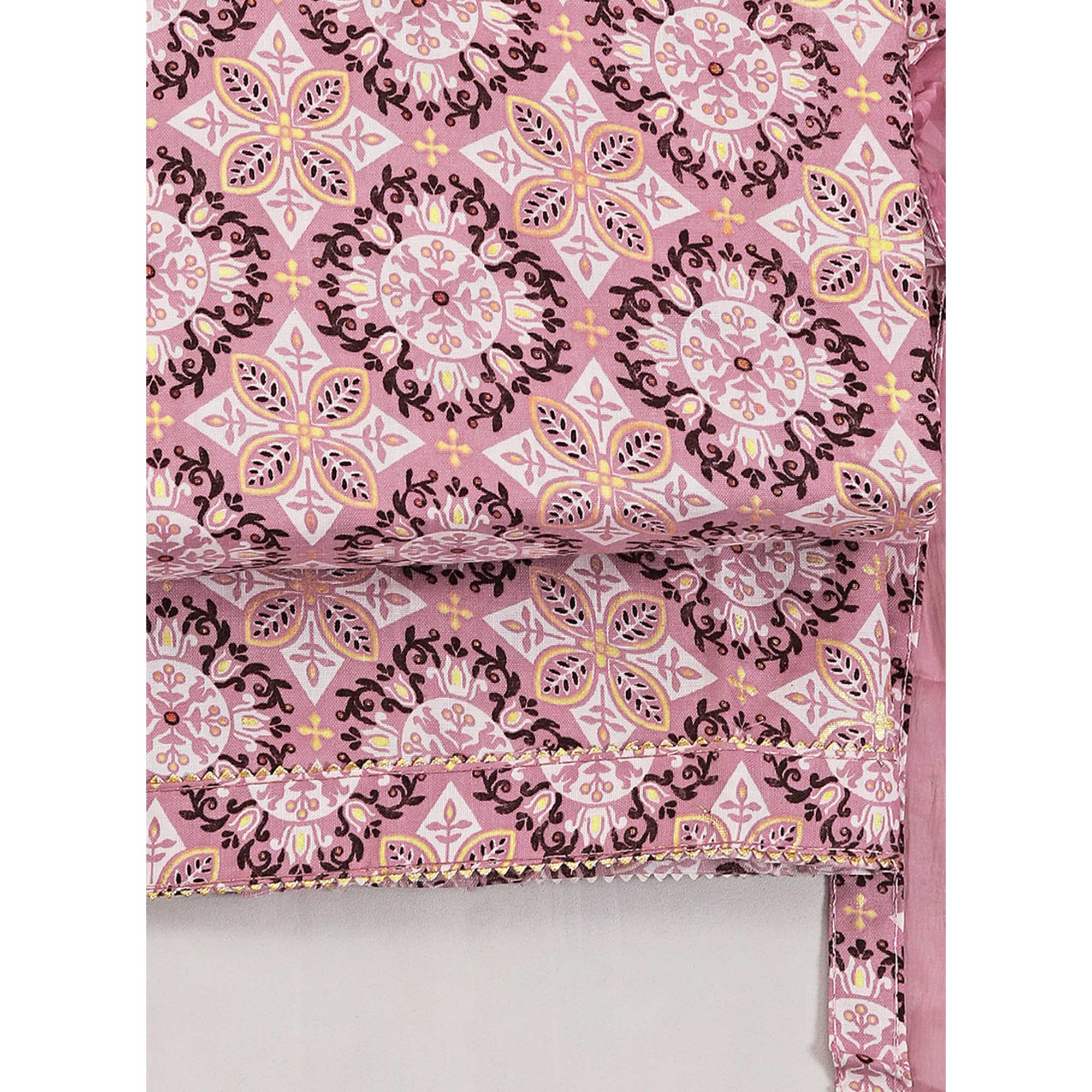 Pink Floral Foil Printed With Handwork Pure Cotton Dress Material