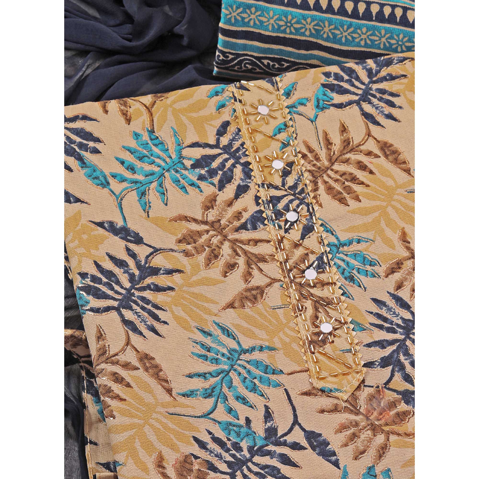 Chikoo & Navy Blue Foil Printed With Handwork Pure Pure Cotton Dress Material
