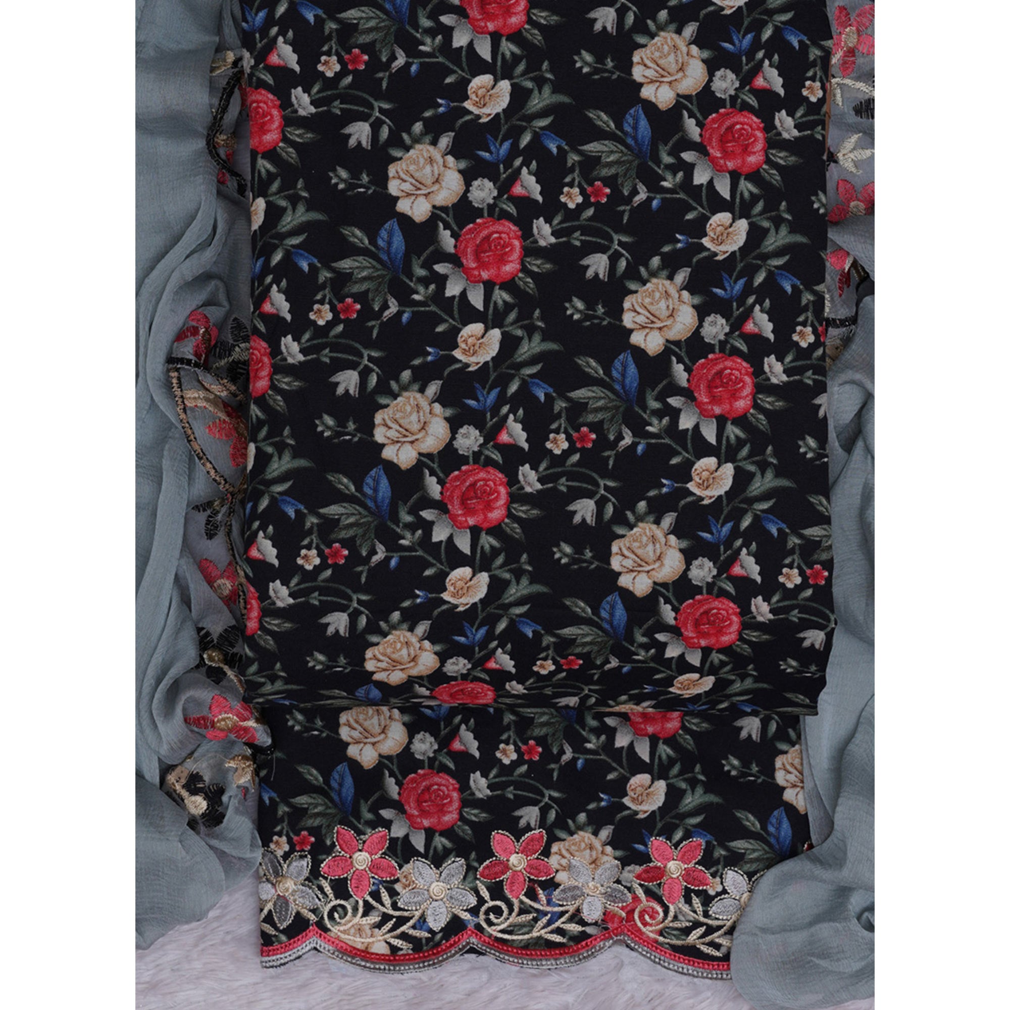 Black Floral Printed With Embroidery Cotton Silk Dress Material