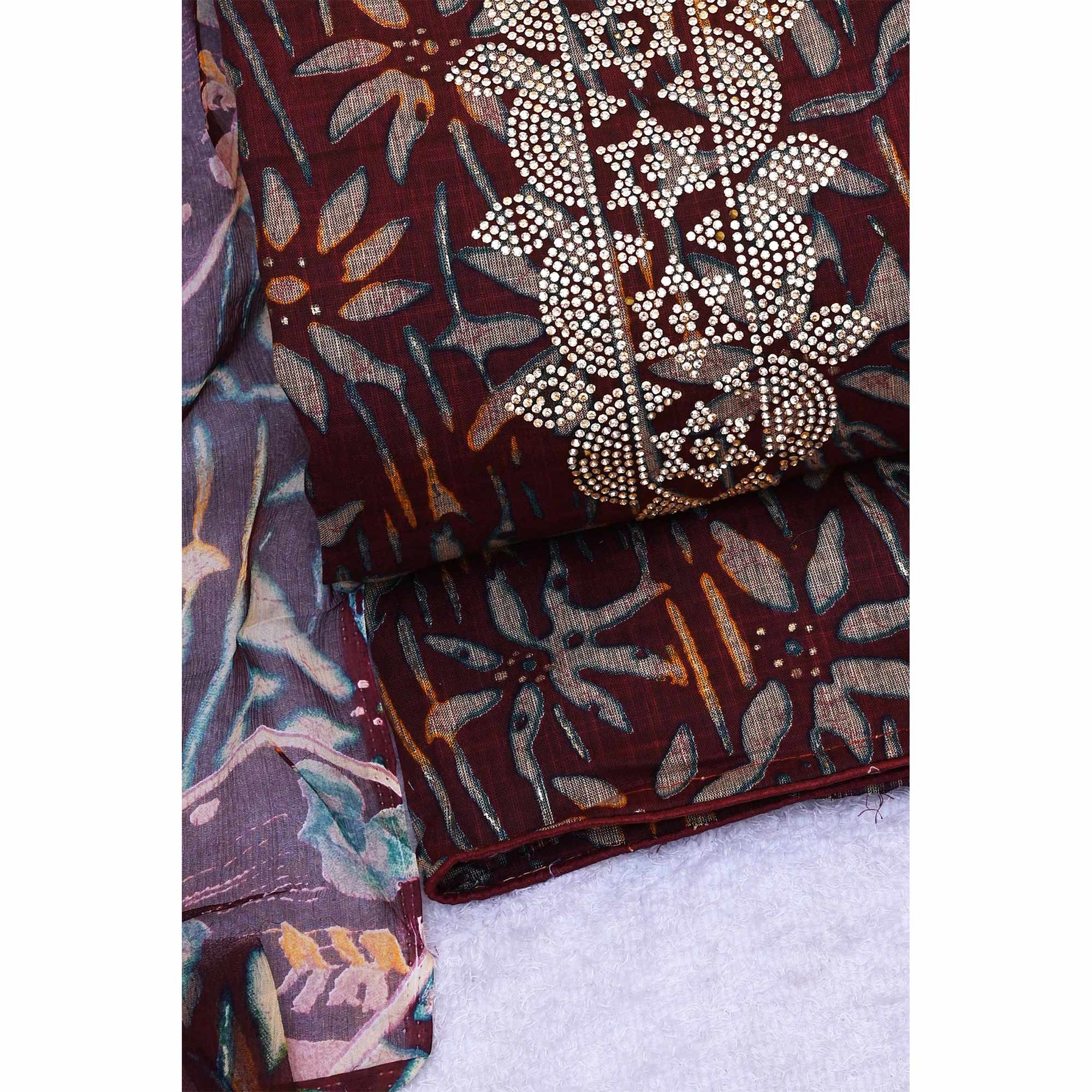 Wine Floral Printed Pure Cotton Dress Material