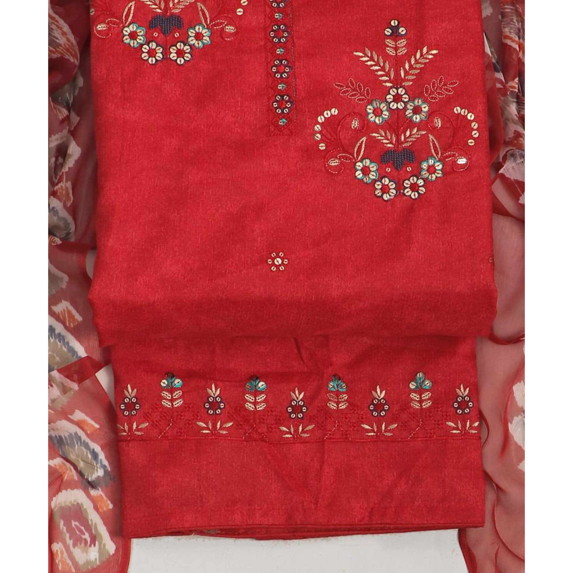 Red Floral Embroidered Pure Cotton Dress Material