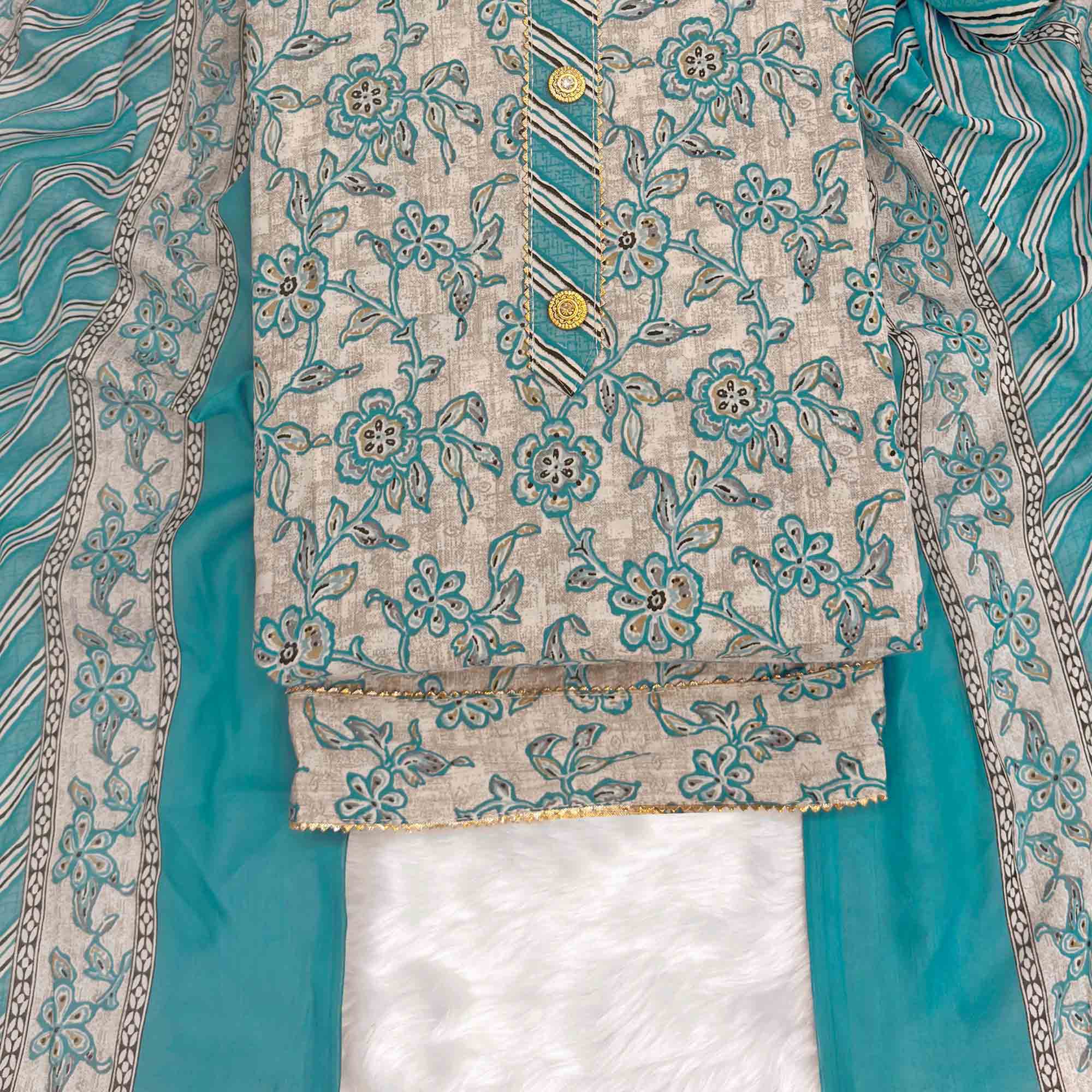 Charming Blue Floral Printed Cotton Blend Dress Material Featuring Intricate Lace Border