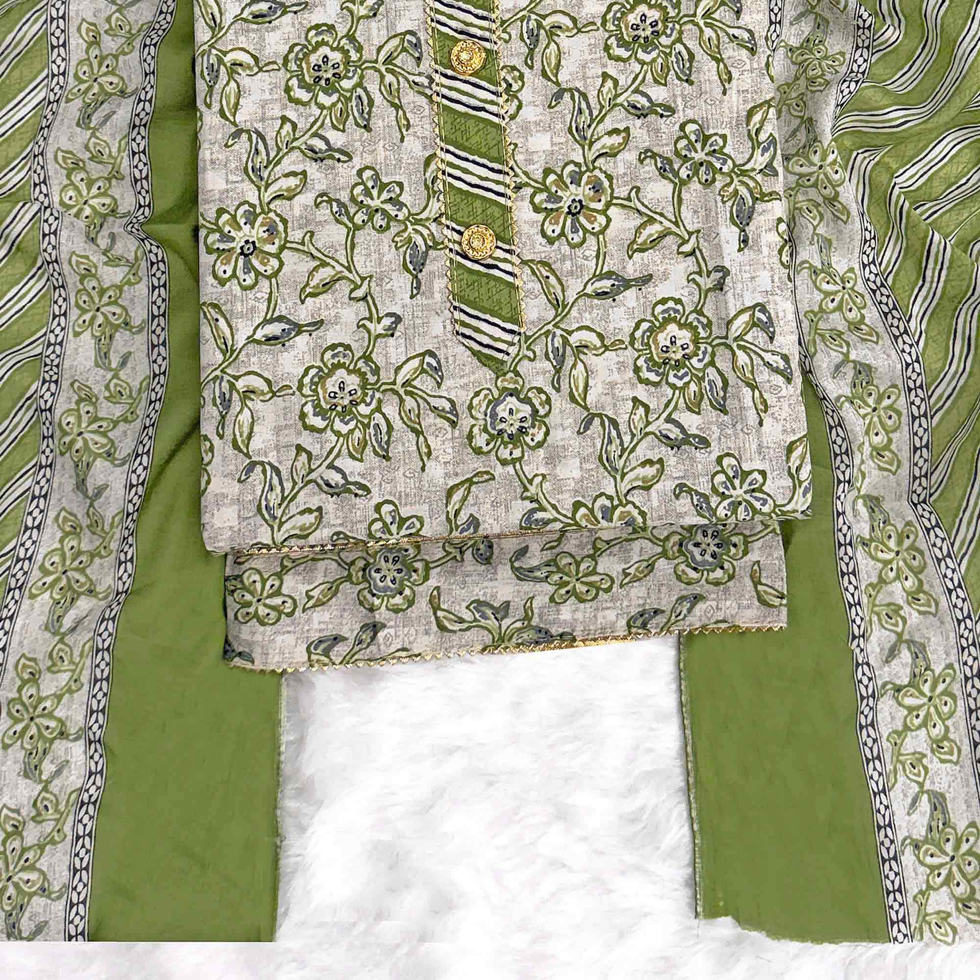 Charming Green Floral Printed Cotton Blend Dress Material Featuring Intricate Lace Border