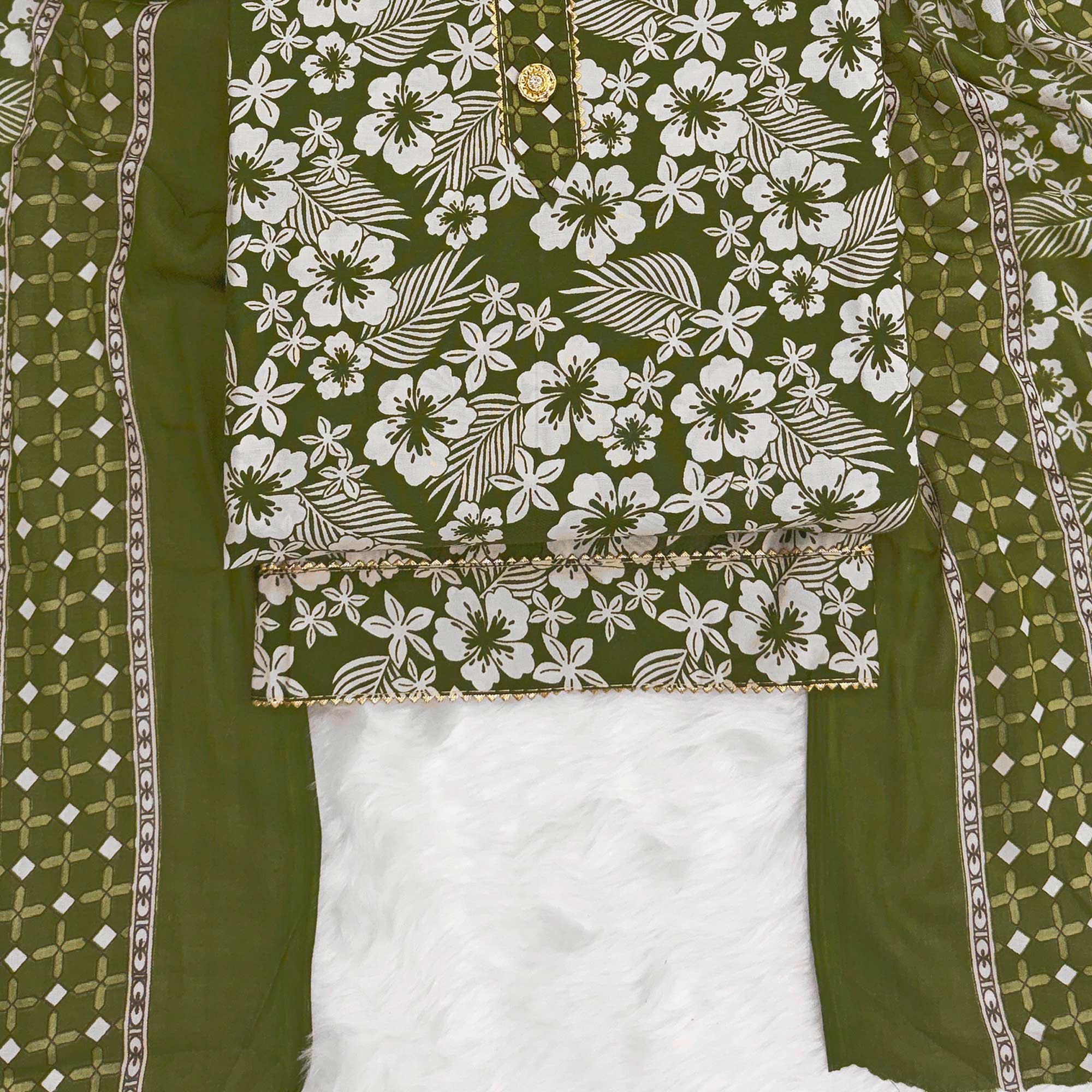 Graceful Green Floral Printed Cotton Blend Dress Material With Lace Border