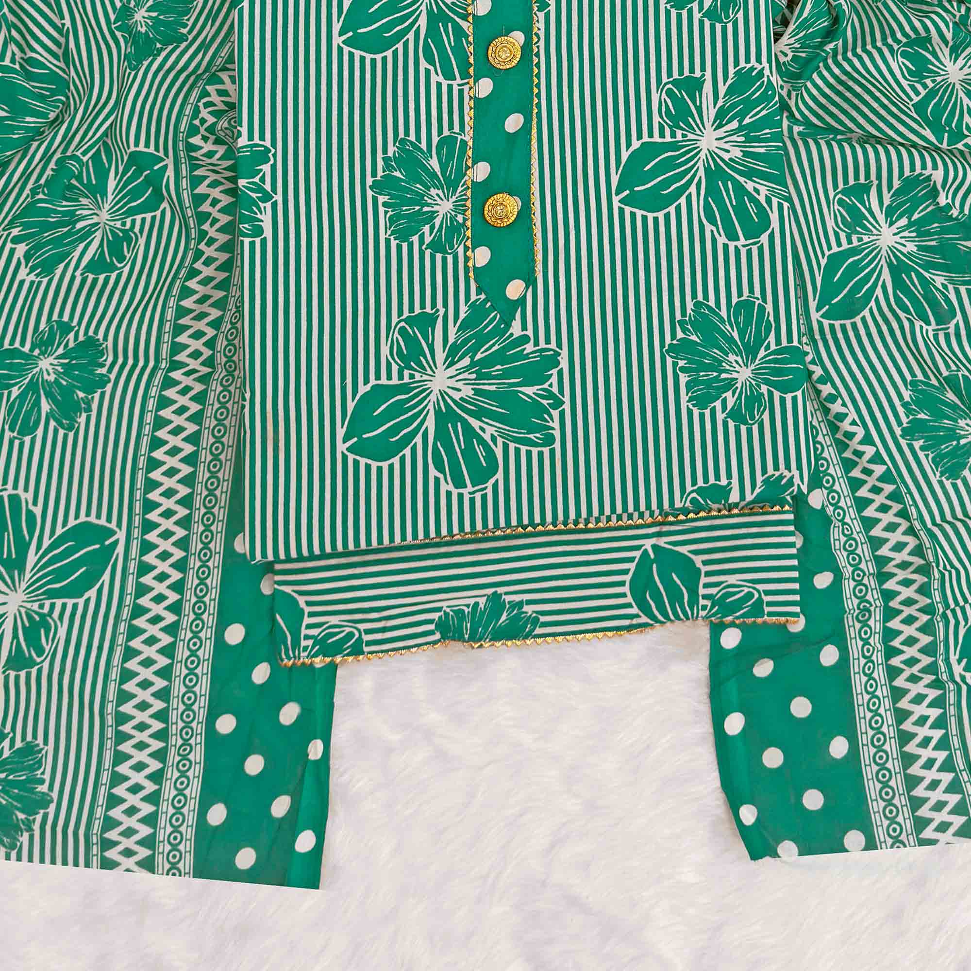 Rama Green Floral & Striped Printed Cotton Blend Dress Material With Elegant Lace Border