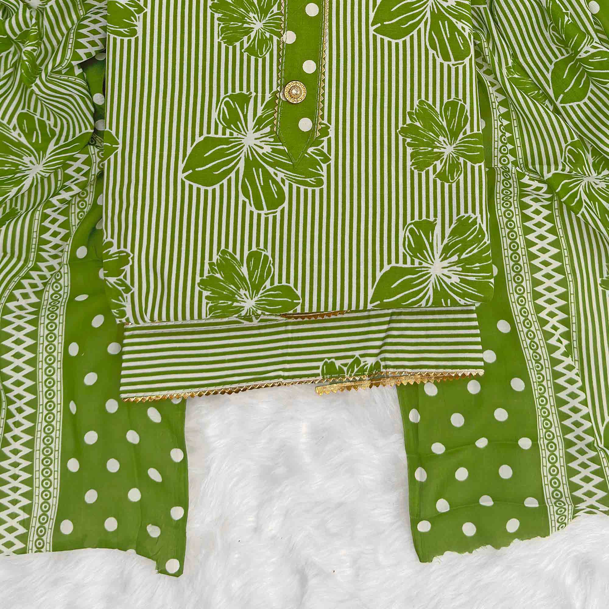 Green Floral & Striped Printed Cotton Blend Dress Material With Elegant Lace Border