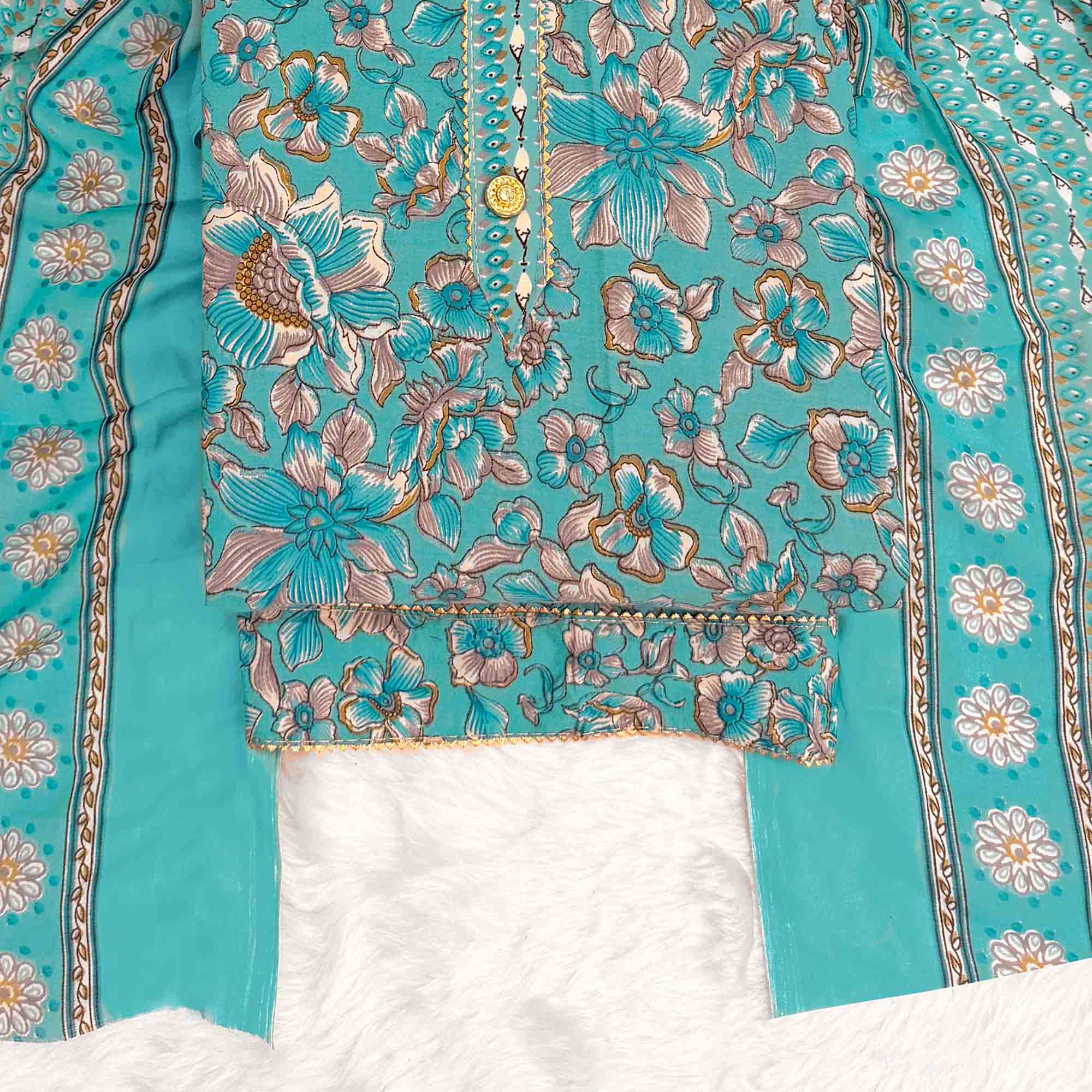 Elegant Turquoise Floral Printed Cotton Blend Dress Material Adorned With Intricate Lace Border