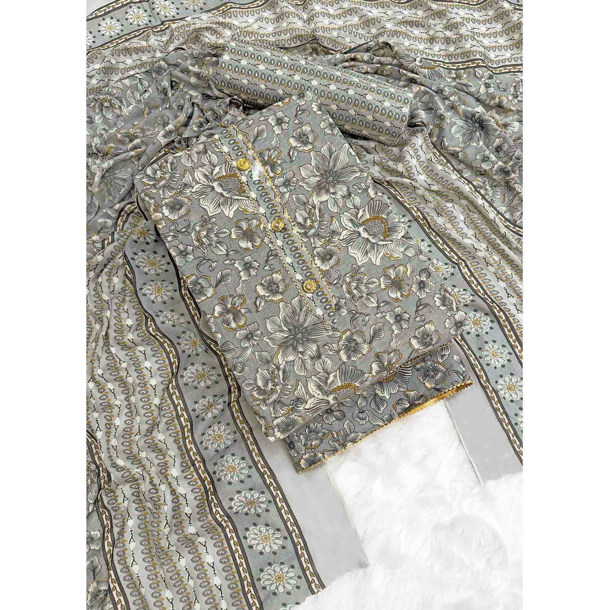 Elegant Grey Floral Printed Cotton Blend Dress Material Adorned With Intricate Lace Border