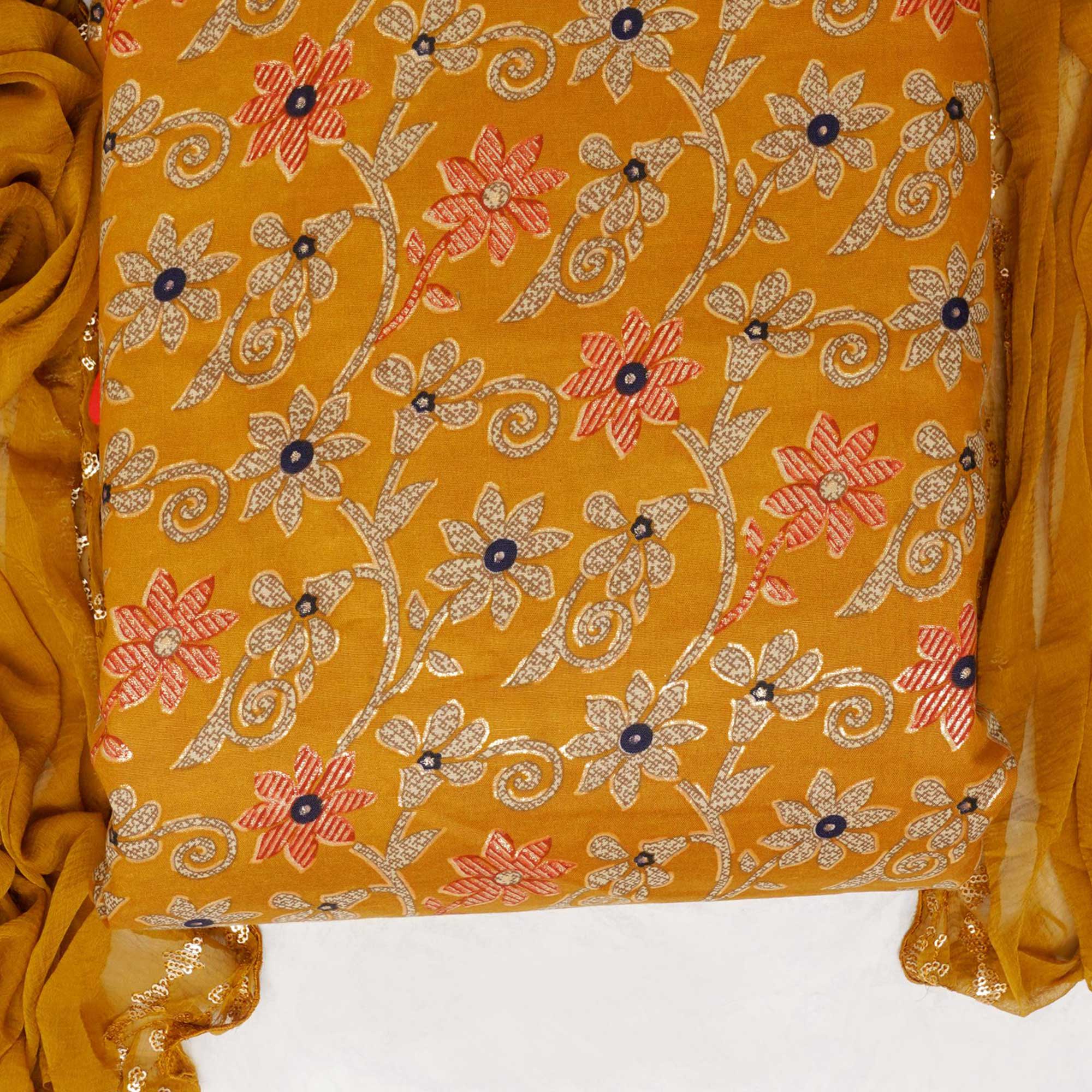 Mustard Floral Printed Pure Cotton Dress Material
