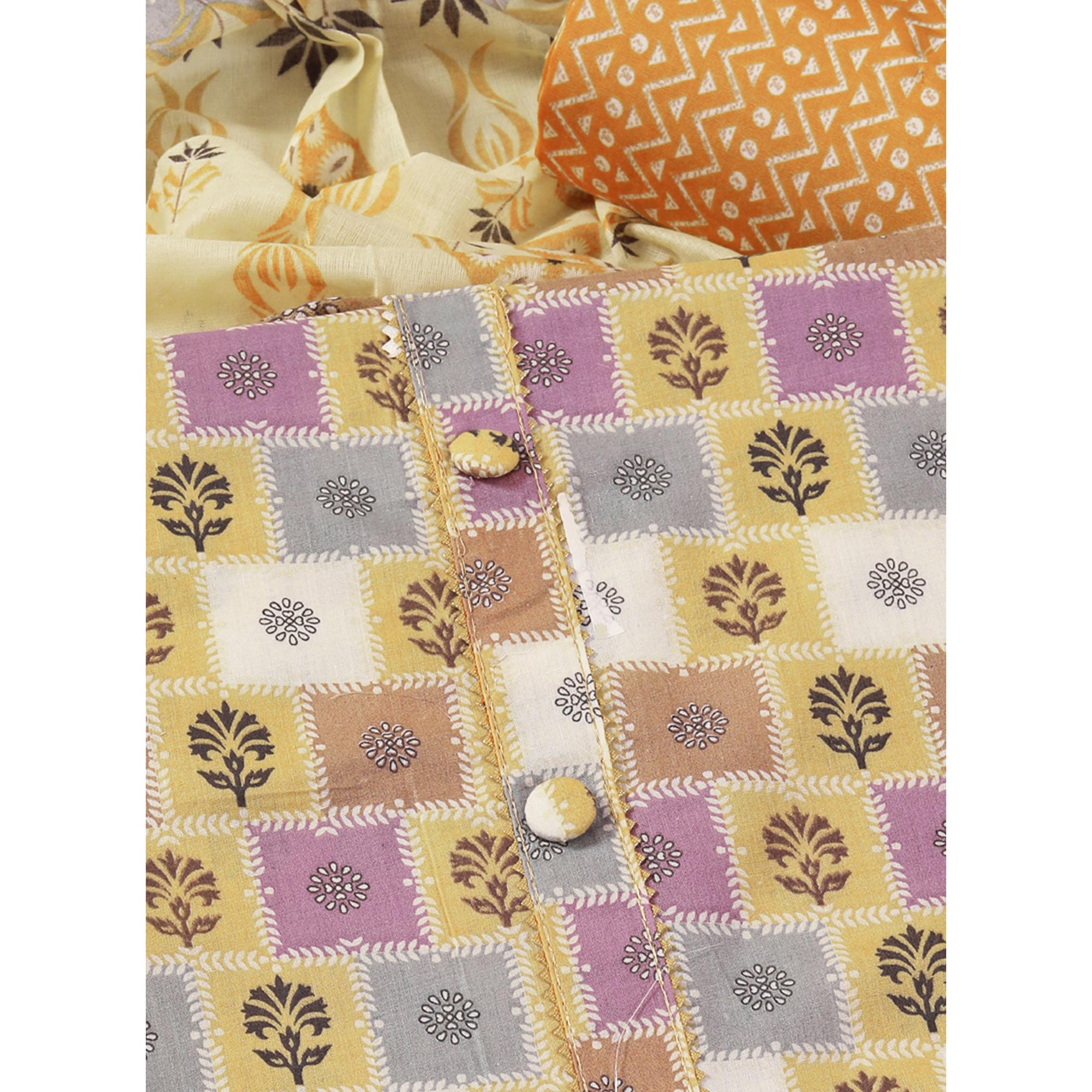 Pale Yellow Floral Printed With Gota Patti Work Pure Cotton Dress Material