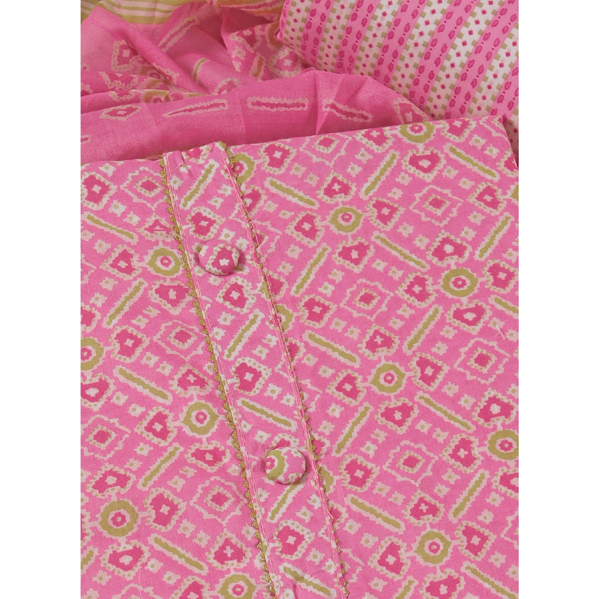 Pink Patola Printed With Gota Patti Work Pure Cotton Dress Material