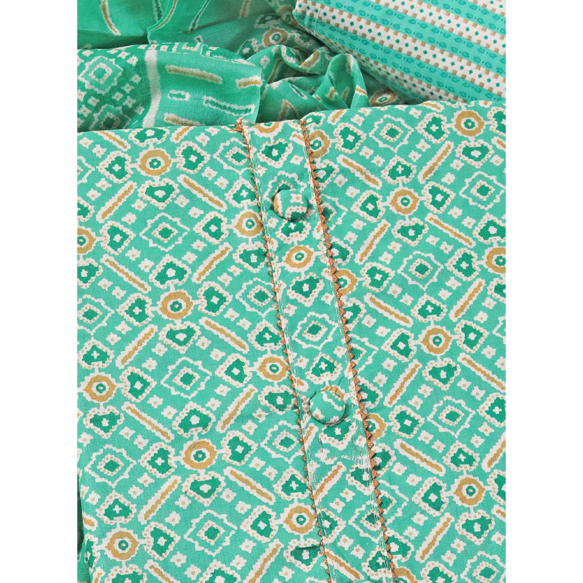 Turquoise Patola Printed With Gota Patti Work Pure Cotton Dress Material