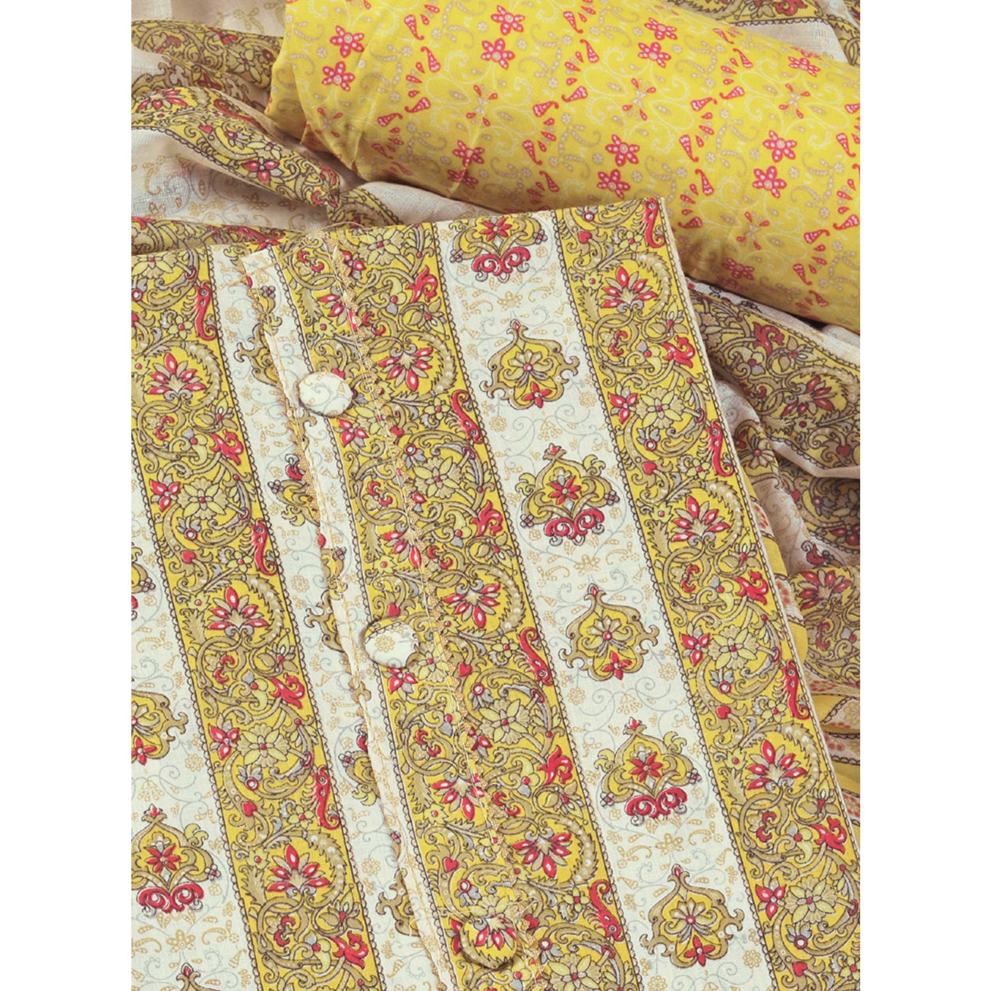 Yellow Floral Printed With Gota Patti Work Pure Cotton Dress Material