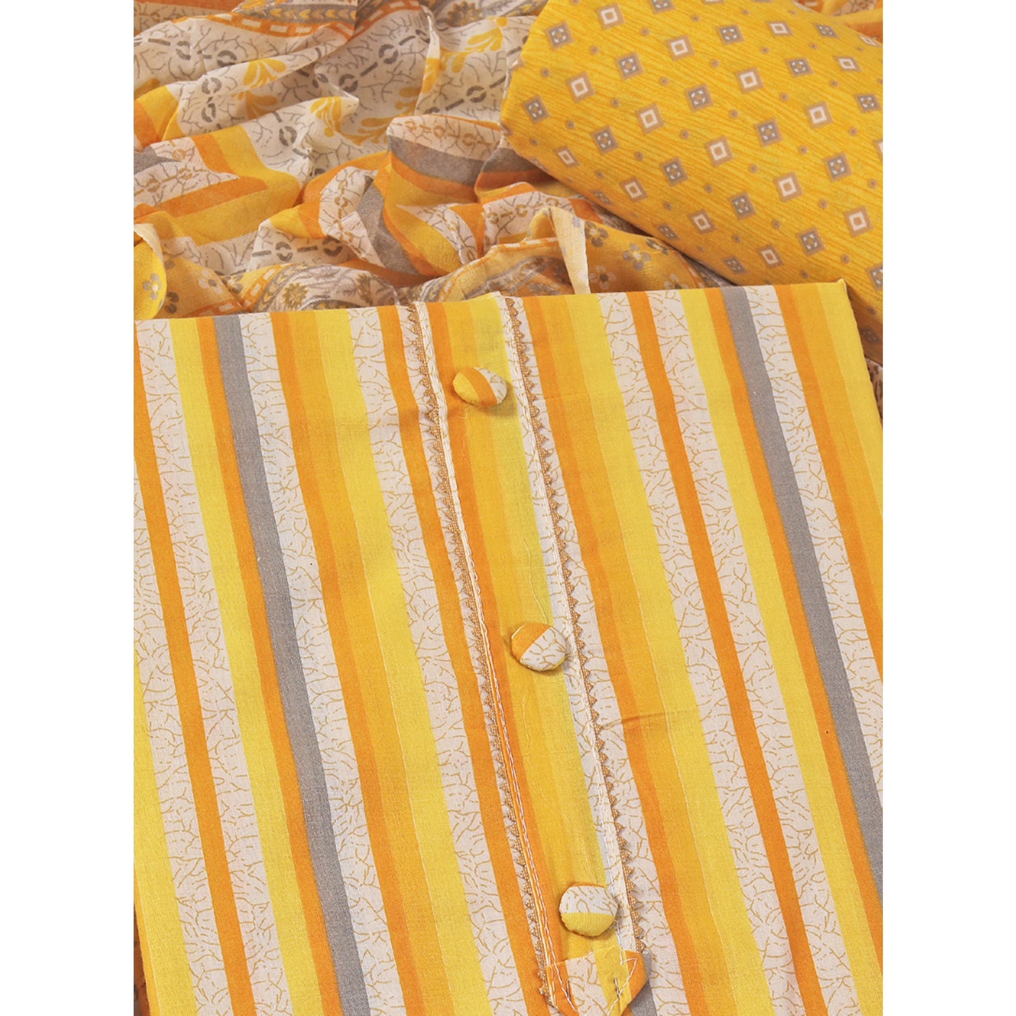 Yellow Striped Printed With Gota Patti Work Pure Cotton Dress Material