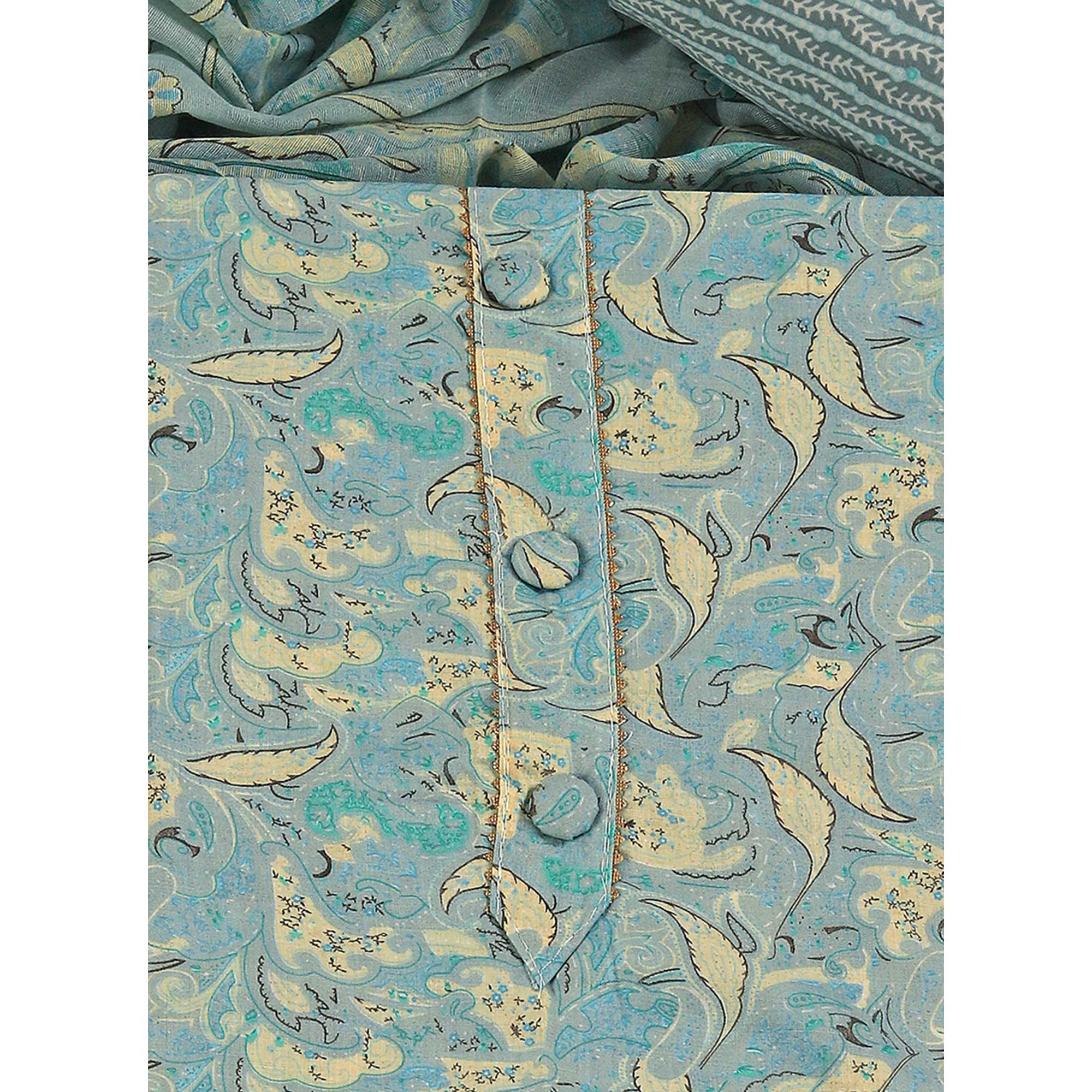 Floral Elegance in Pastel Green Pure Cotton Unstitched Dress Material