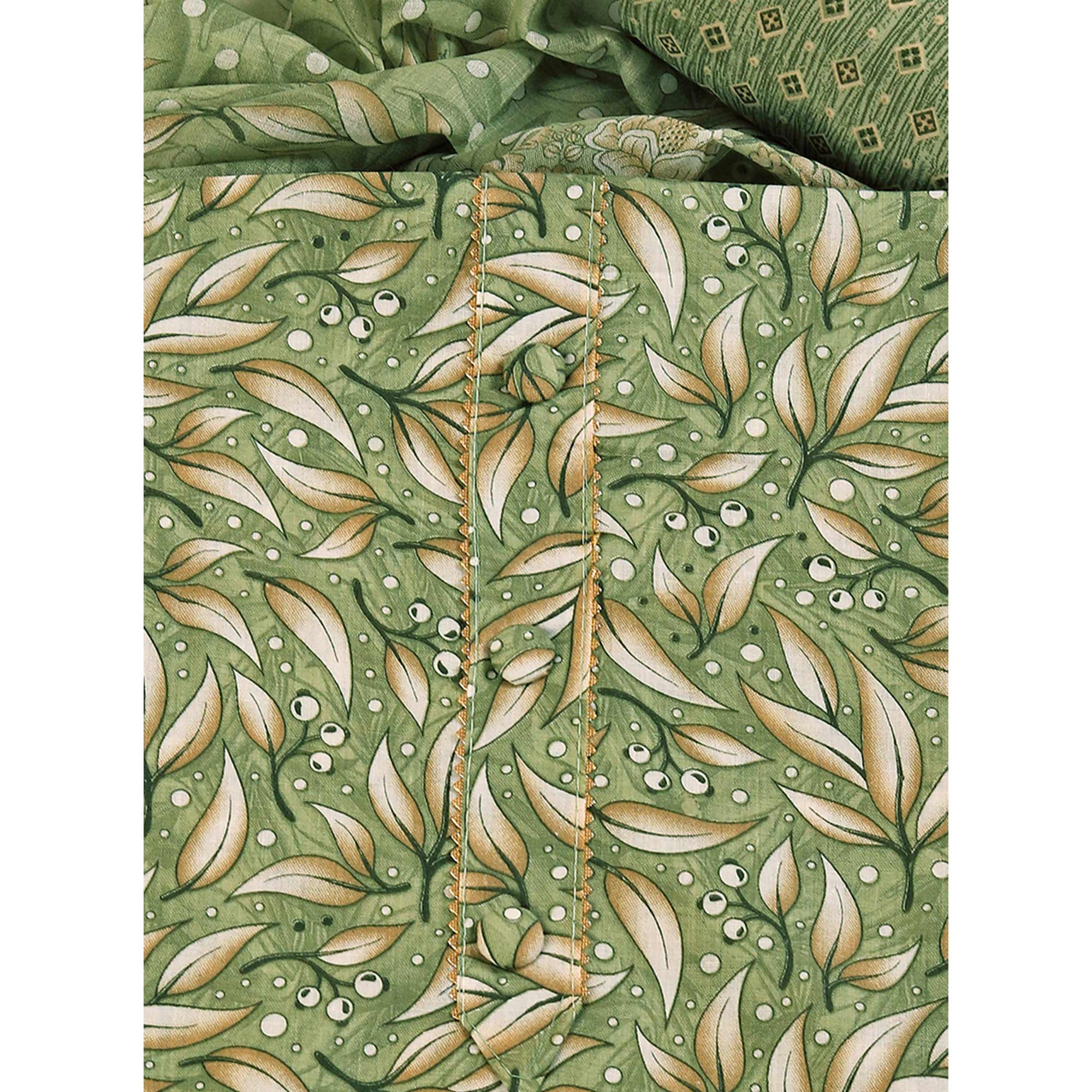 Pure Cotton Dress Material in Soothing Green with Artistic Floral Prints