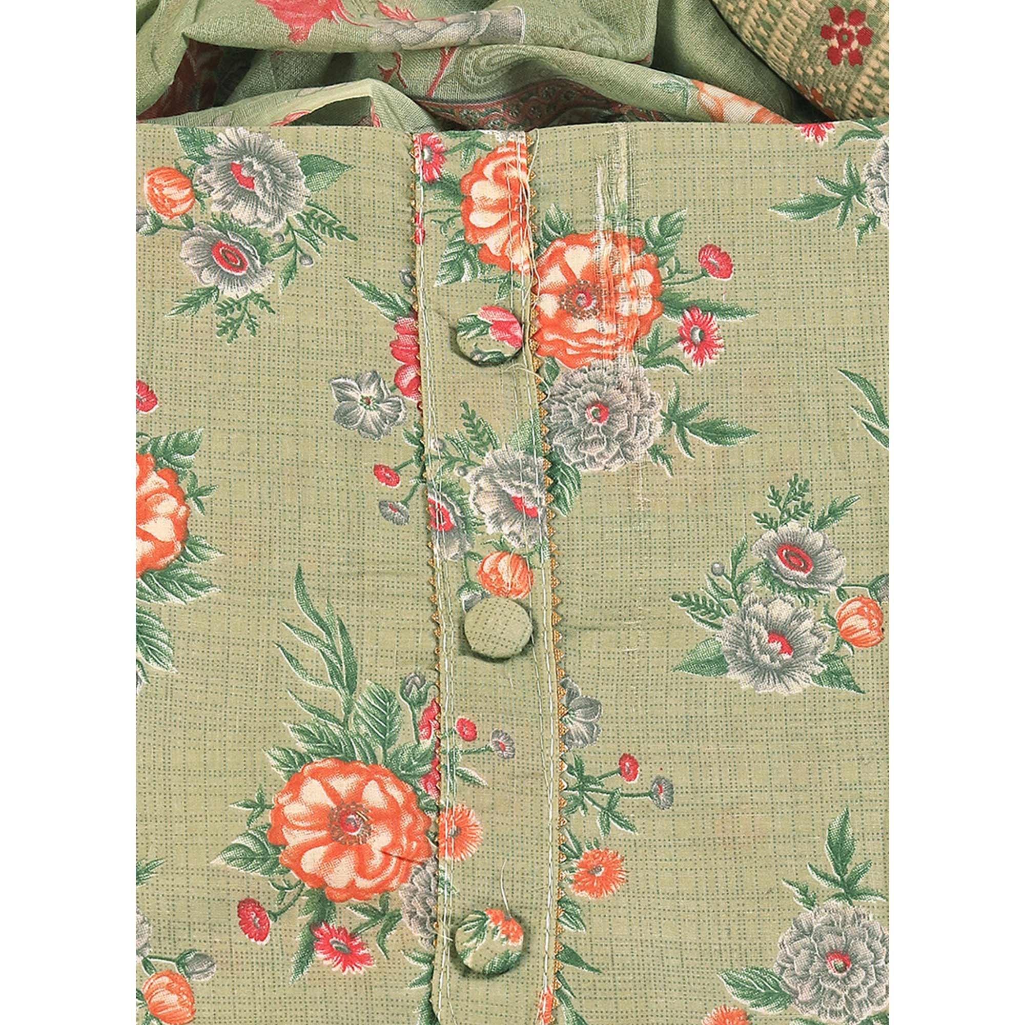 Charming Green Dress Material in Pure Cotton with Subtle Floral Pattern Work