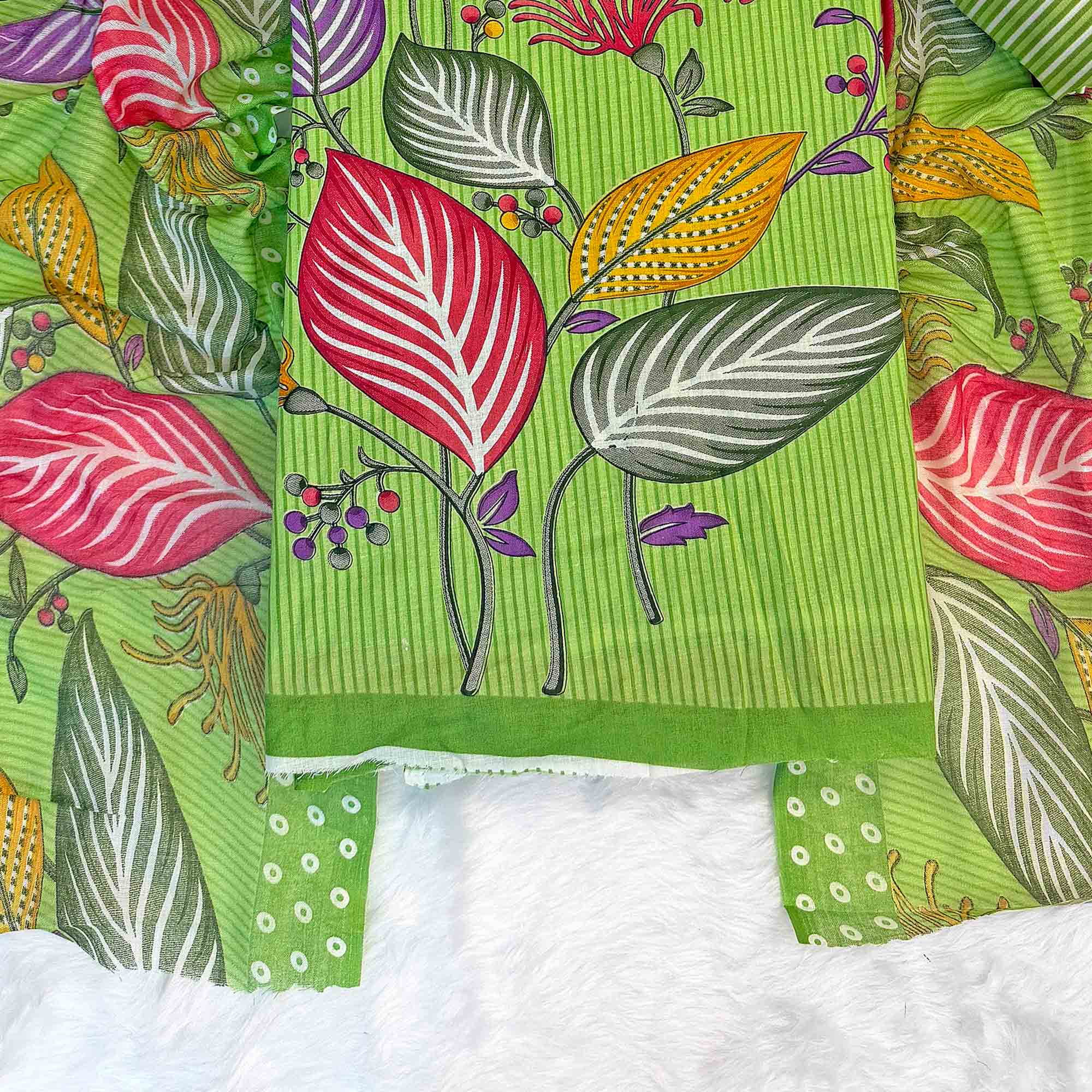 Green Floral & Striped Printed Pure Cotton Dress Material With Elegant Detailing