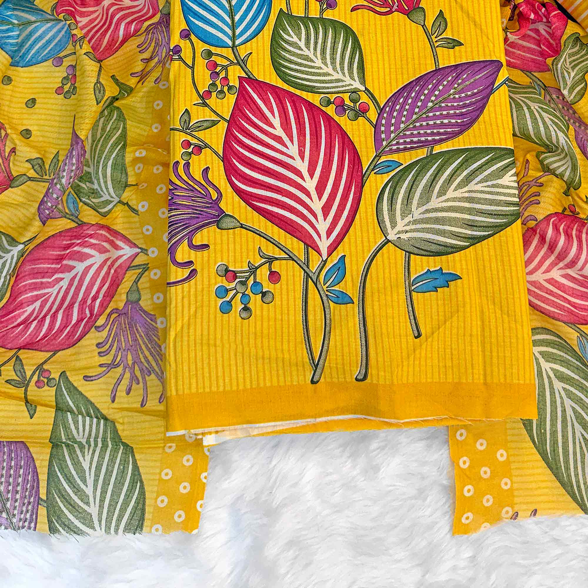 Yellow Floral & Striped Printed Pure Cotton Dress Material With Elegant Detailing