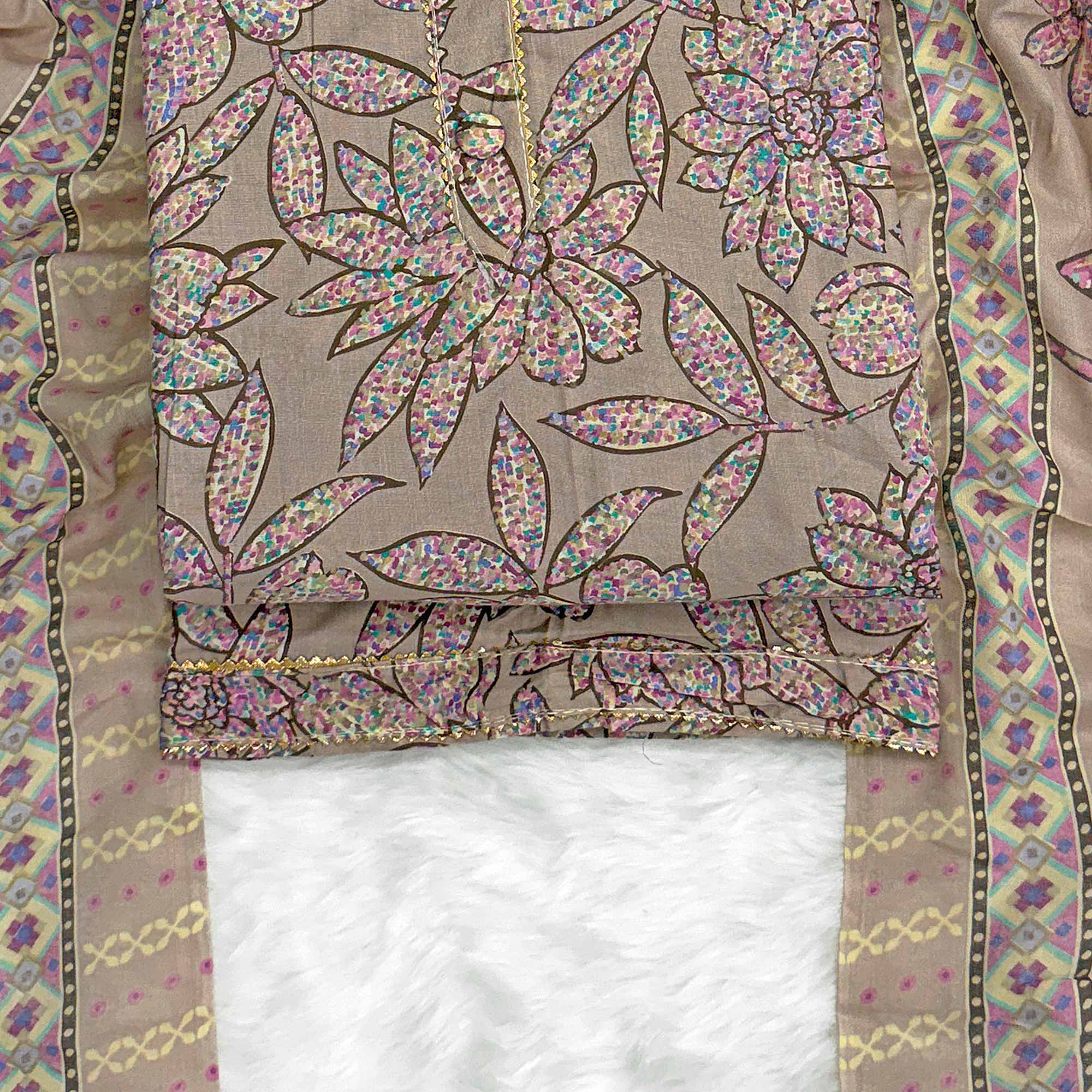 Brown & Pink Floral Printed Pure Cotton Dress Material With Elegant Everyday Appeal