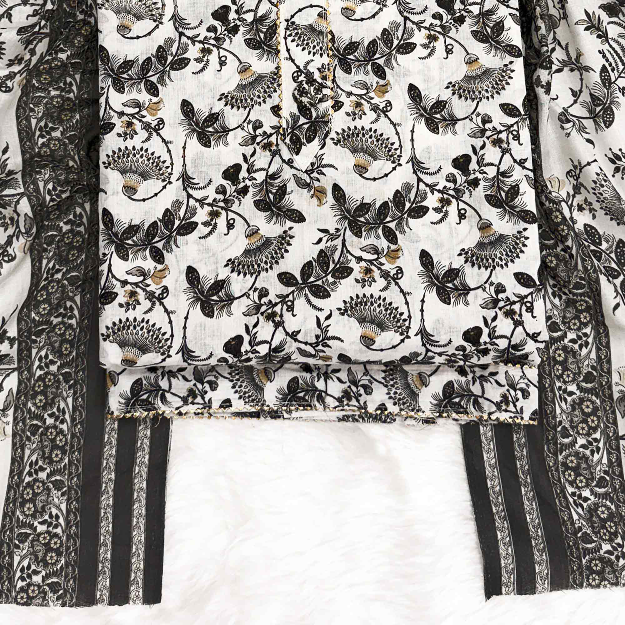 Elegant Black Floral Printed Pure Cotton Dress Material With Tie Neck & Fancy Button