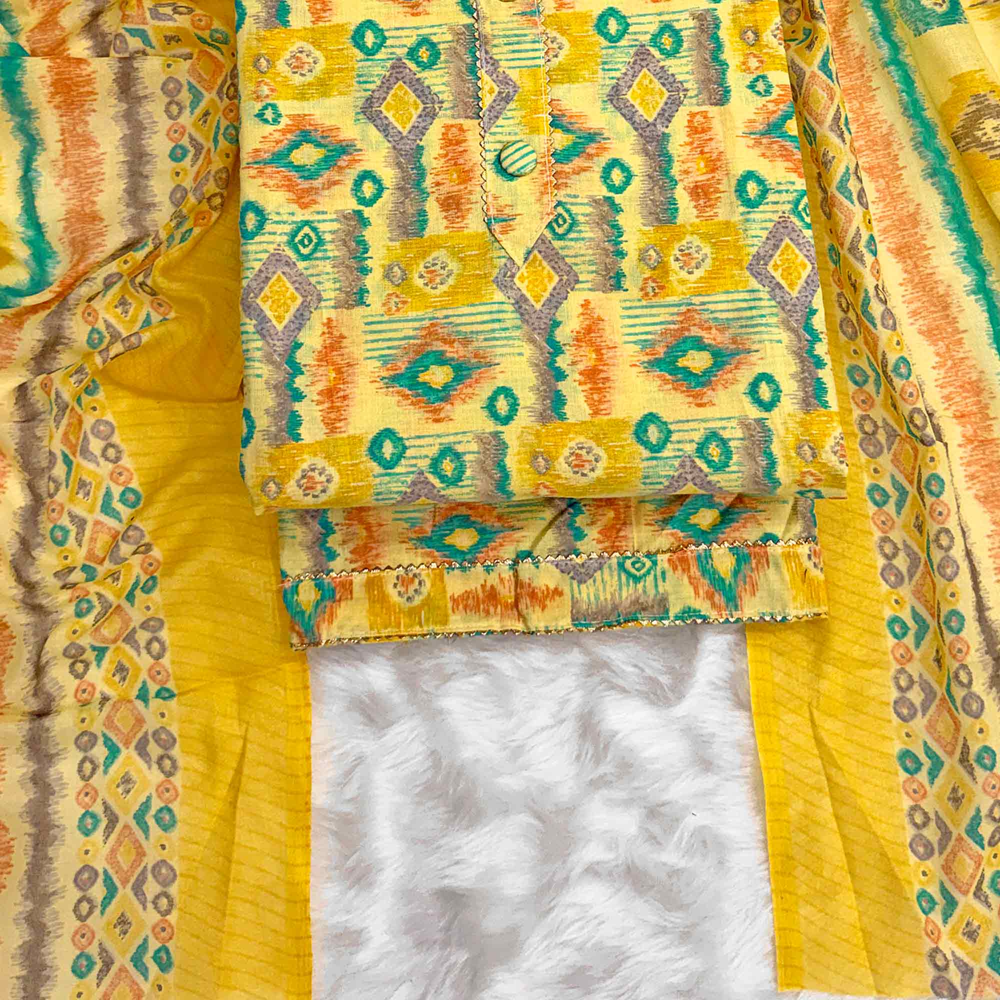 Yellow Contemporary Ikat & Geometric Style Print Pure Cotton Dress Material With Decorative Button