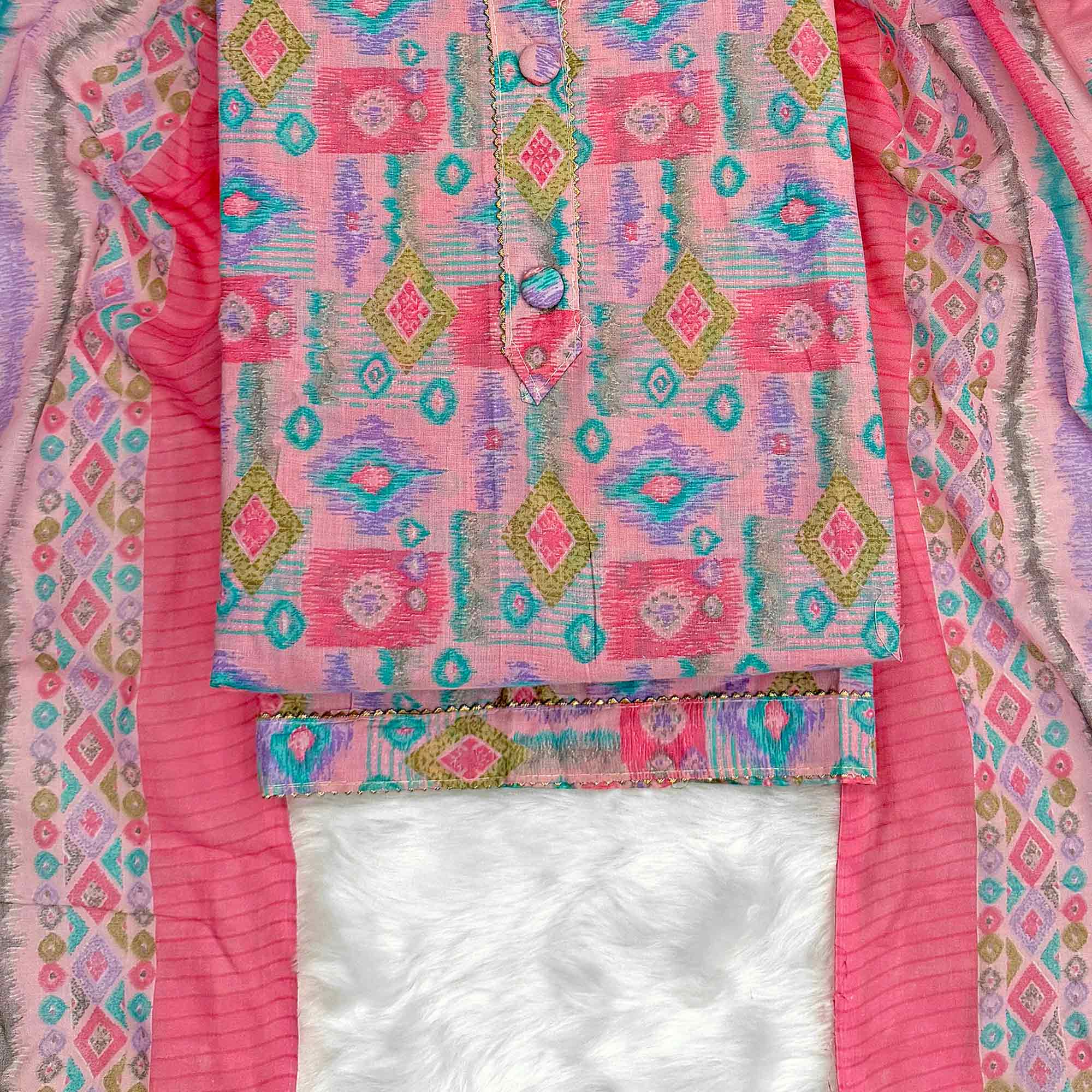Pink Contemporary Ikat & Geometric Style Print Pure Cotton Dress Material With Decorative Button