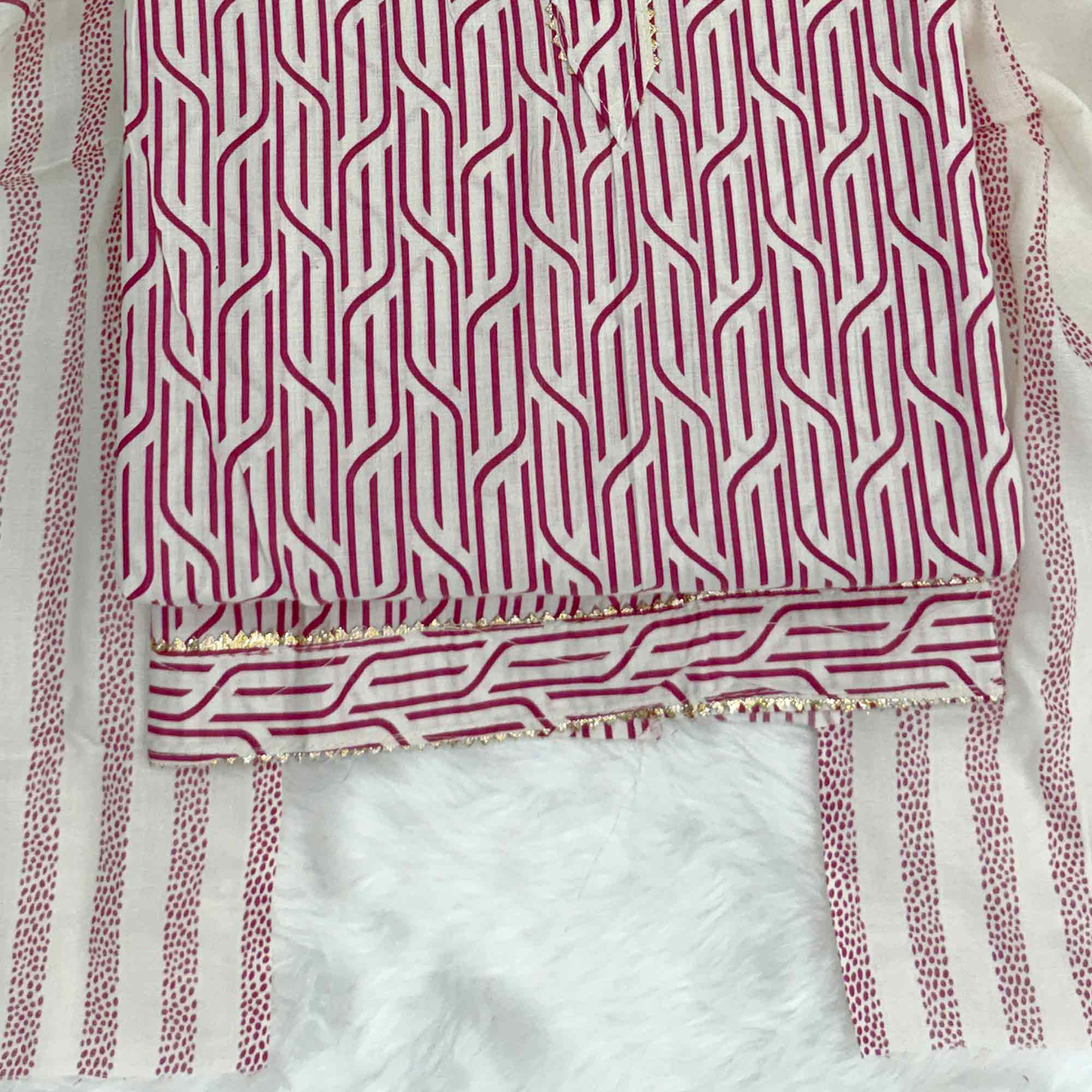 Trendy Rani Pink Geometric Print Pure Cotton Dress Material With Stylish Tie Neck & Fancy Button