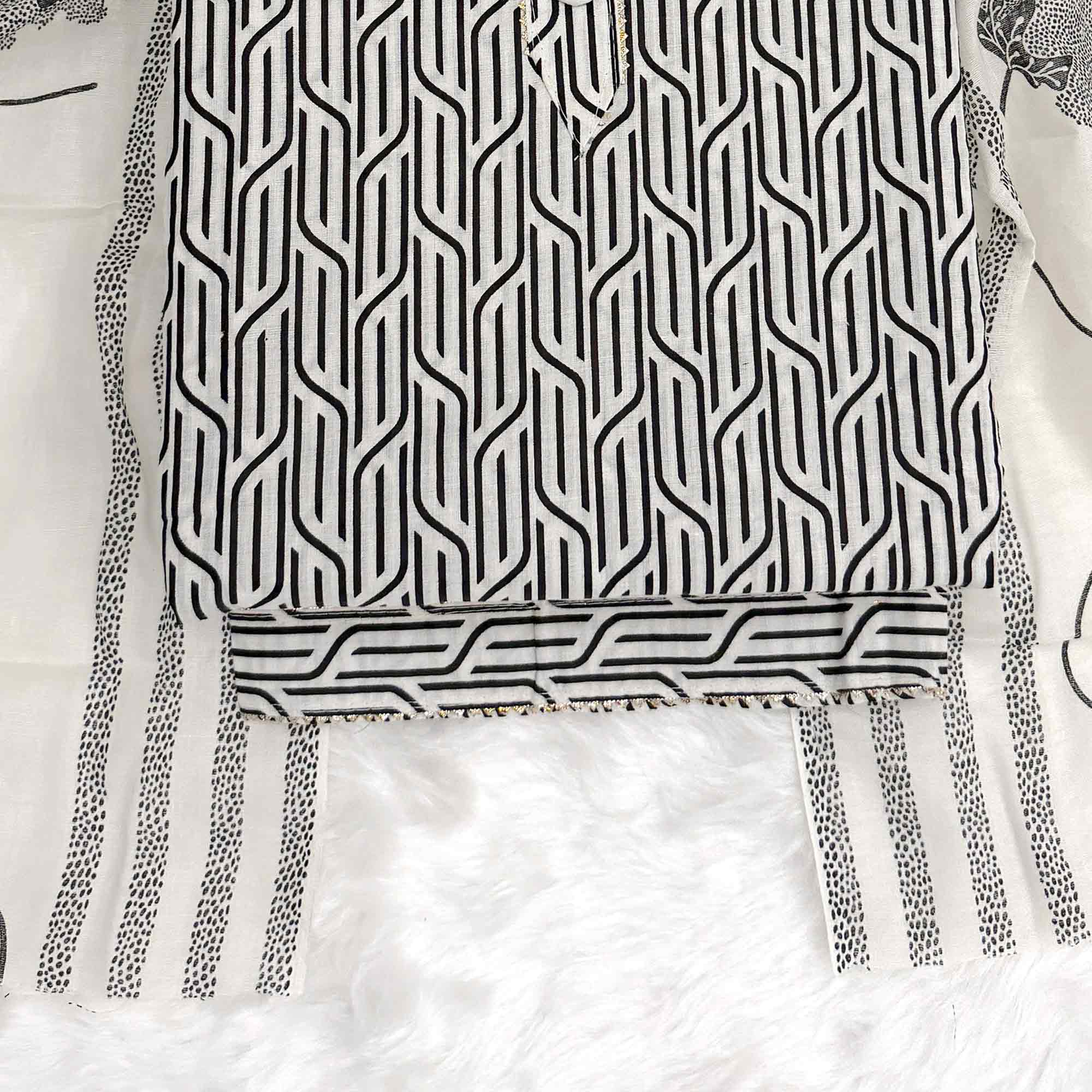 Trendy Black Geometric Print Pure Cotton Dress Material Featuring Stylish Tie Neck & Fancy Button