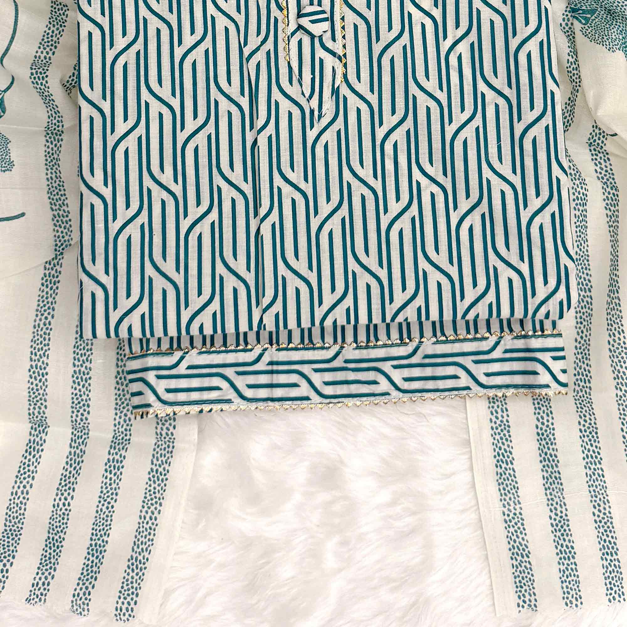 Trendy Teal Geometric Print Pure Cotton Dress Material Featuring Stylish Tie Neck & Fancy Button