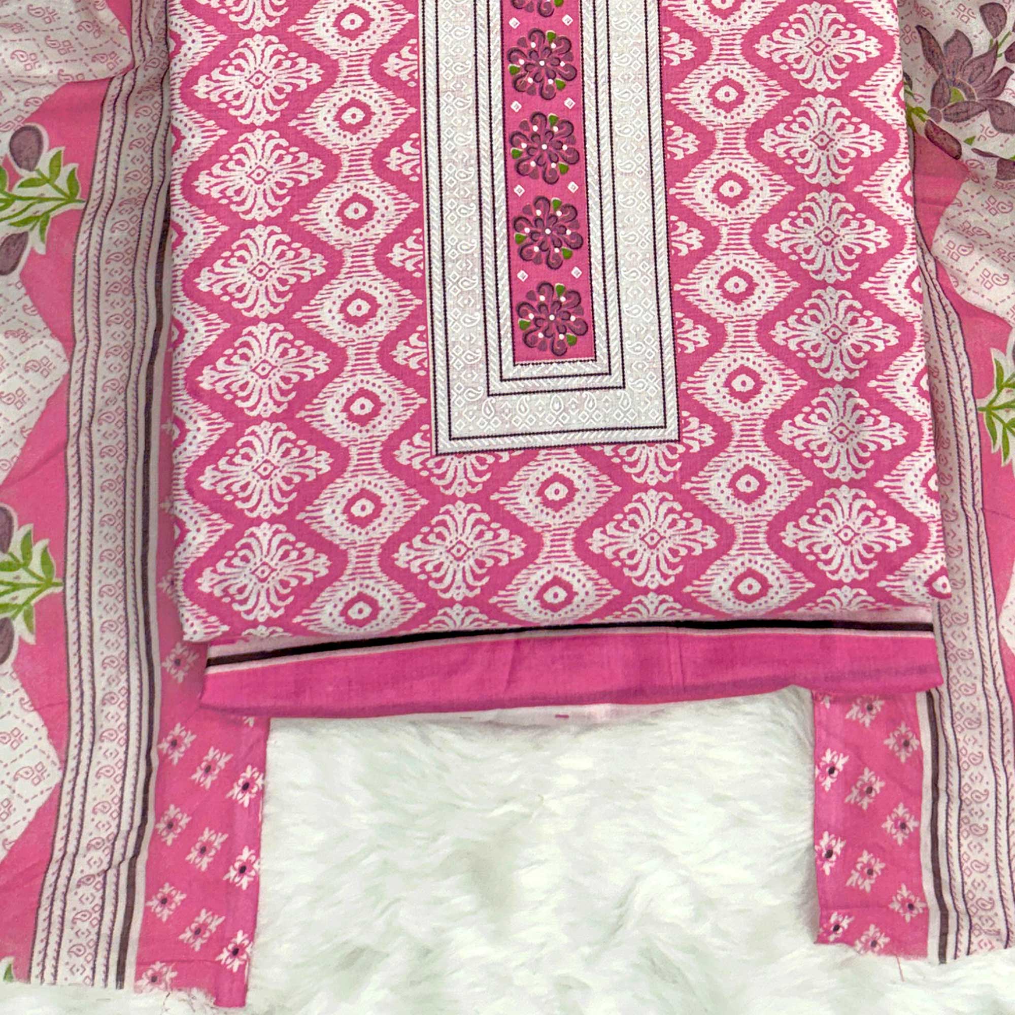 Charming Pink Pure Cotton Dress Material With Delicate Floral Print