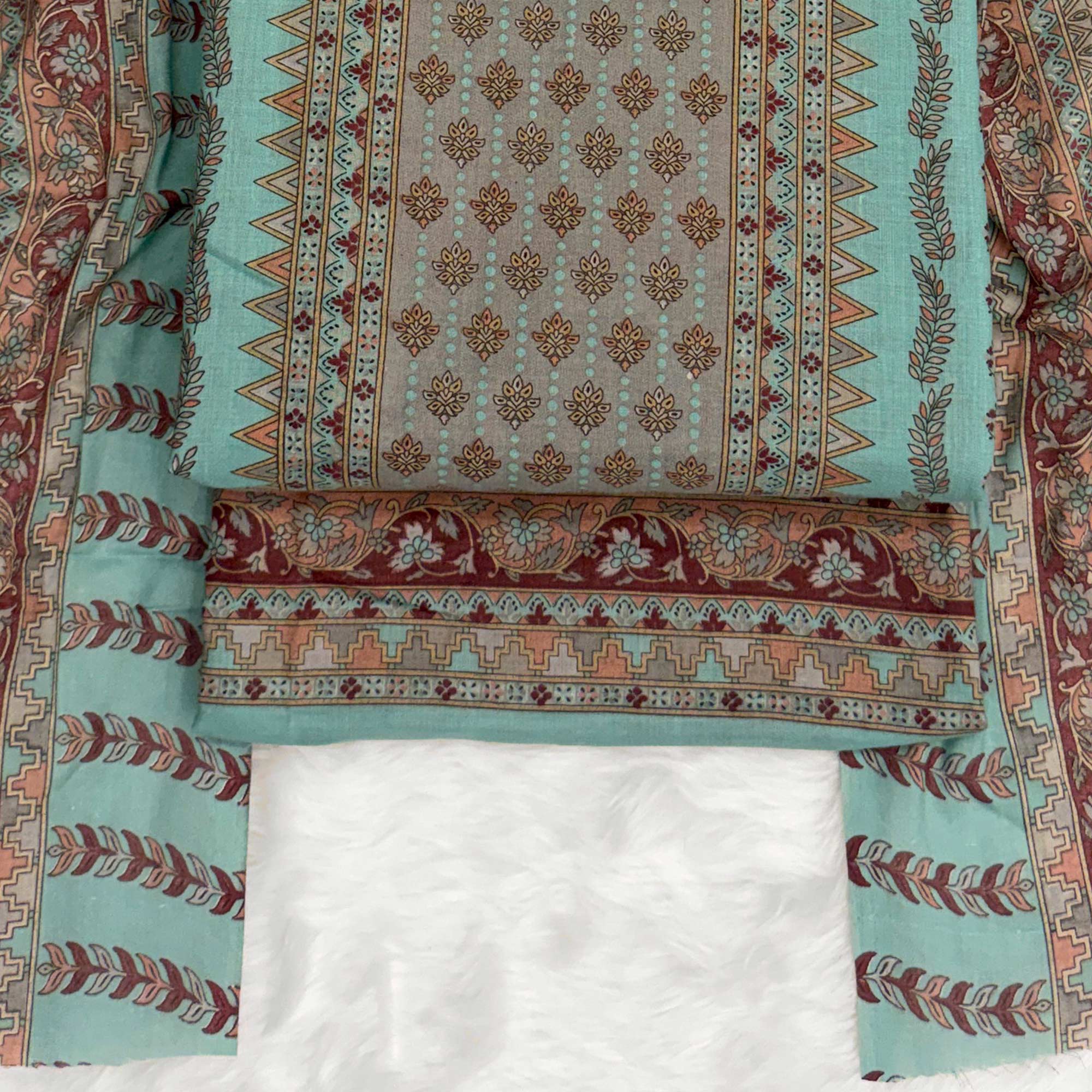 Vibrant Turquoise Pure Cotton Dress Material Featuring Artistic Floral Print