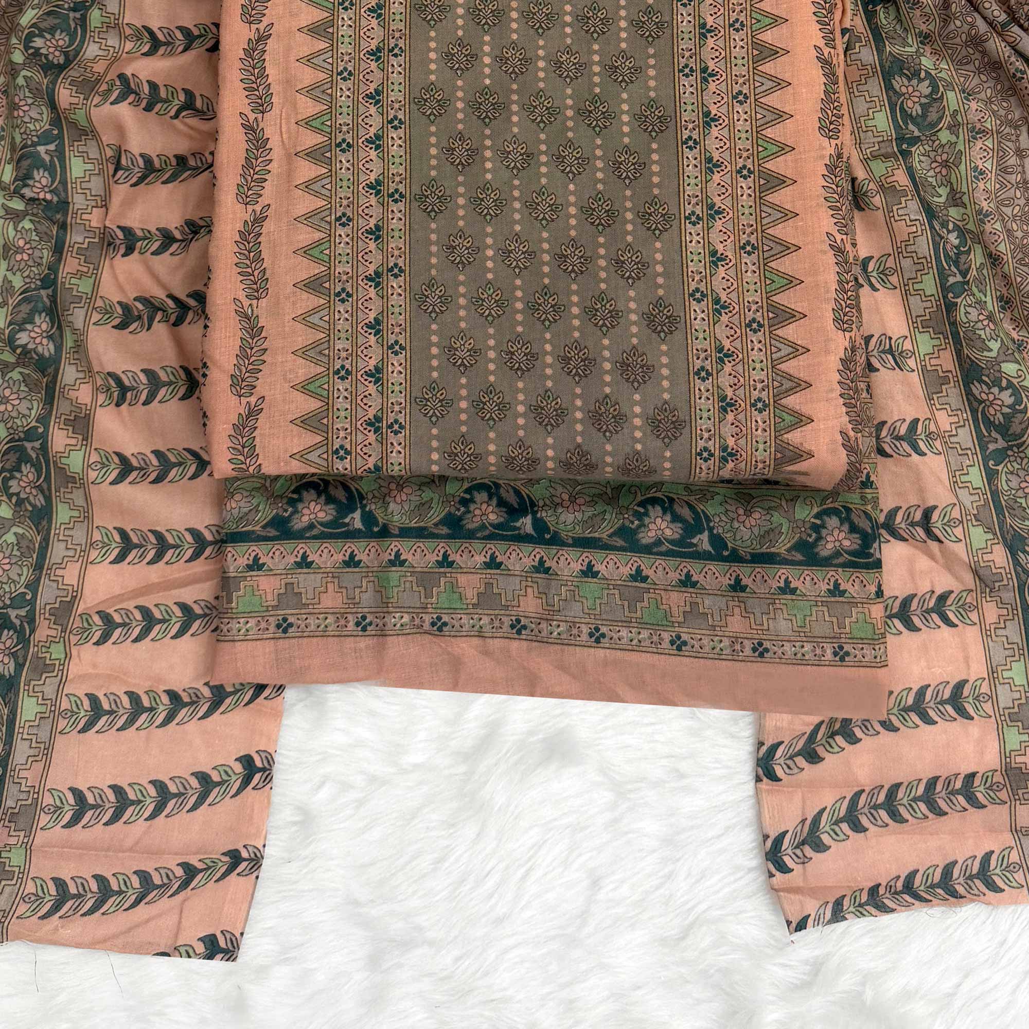 Vibrant Peach Pure Cotton Dress Material Featuring Artistic Floral Print