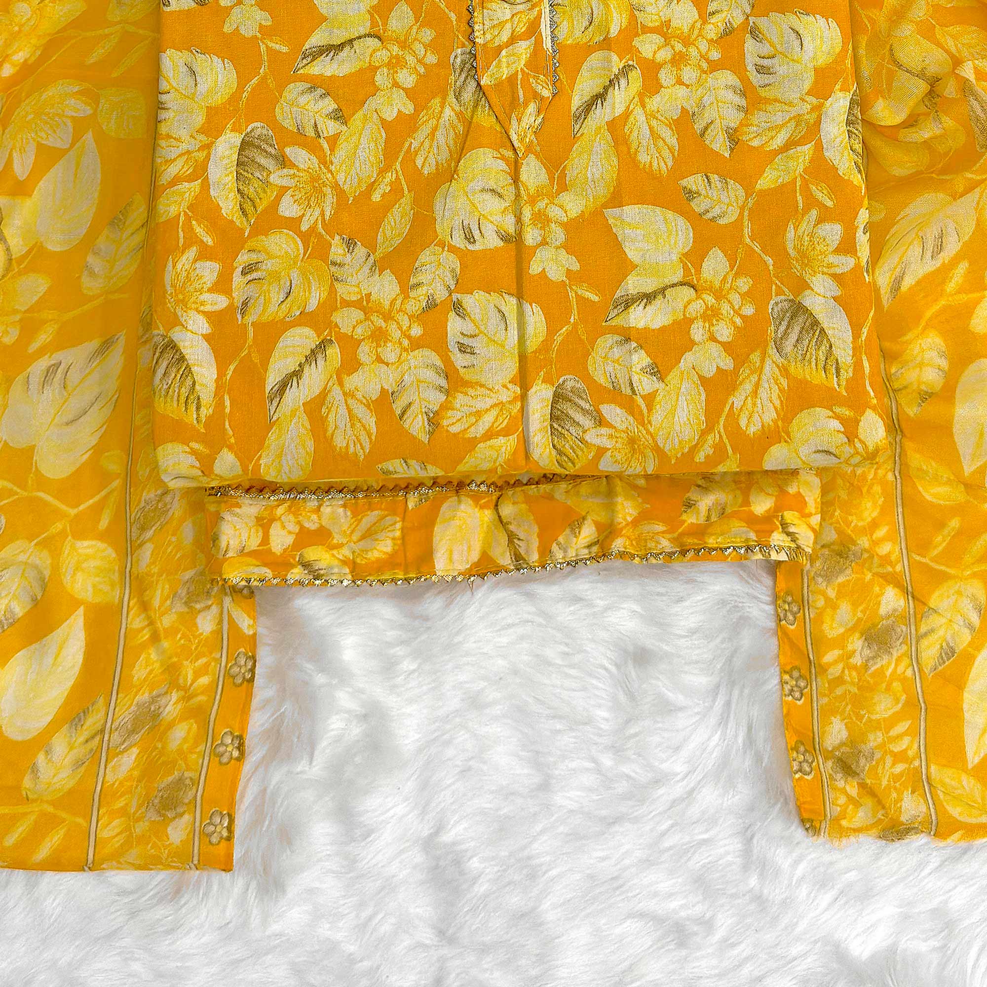 Charming Mustard Pure Cotton Dress Material Featuring Floral Print With Tie On Neck & Fancy Button