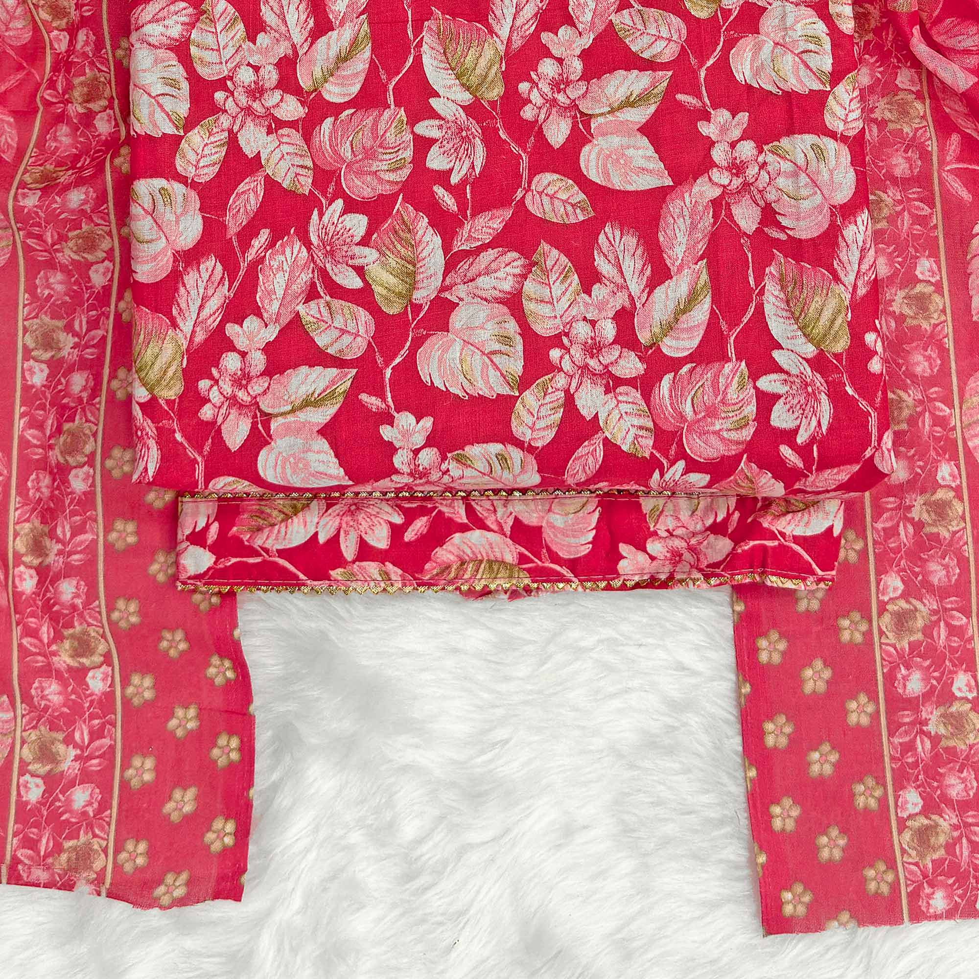 Cherry Red Pure Cotton Dress Material Featuring Floral Print With Tie On Neck & Fancy Button