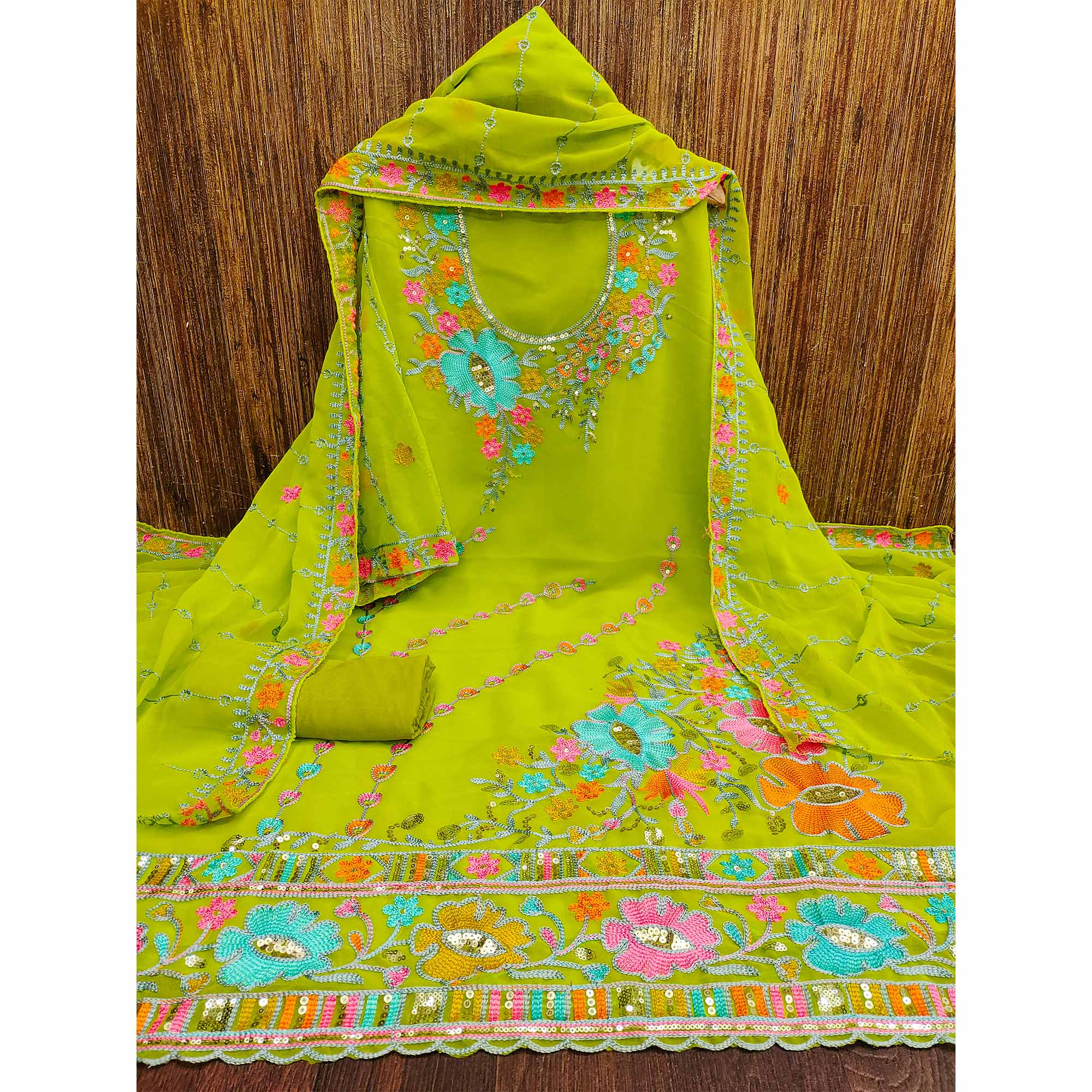 Green Floral Sequins Embroidered Georgette Dress Material