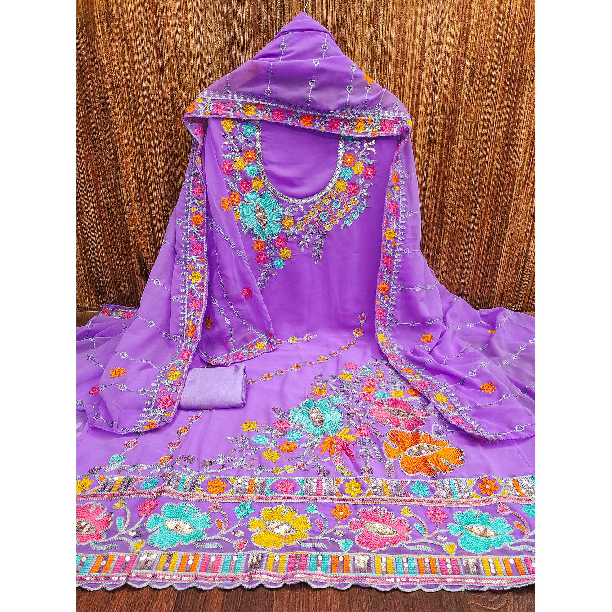 Lavender Floral Sequins Embroidered Georgette Dress Material