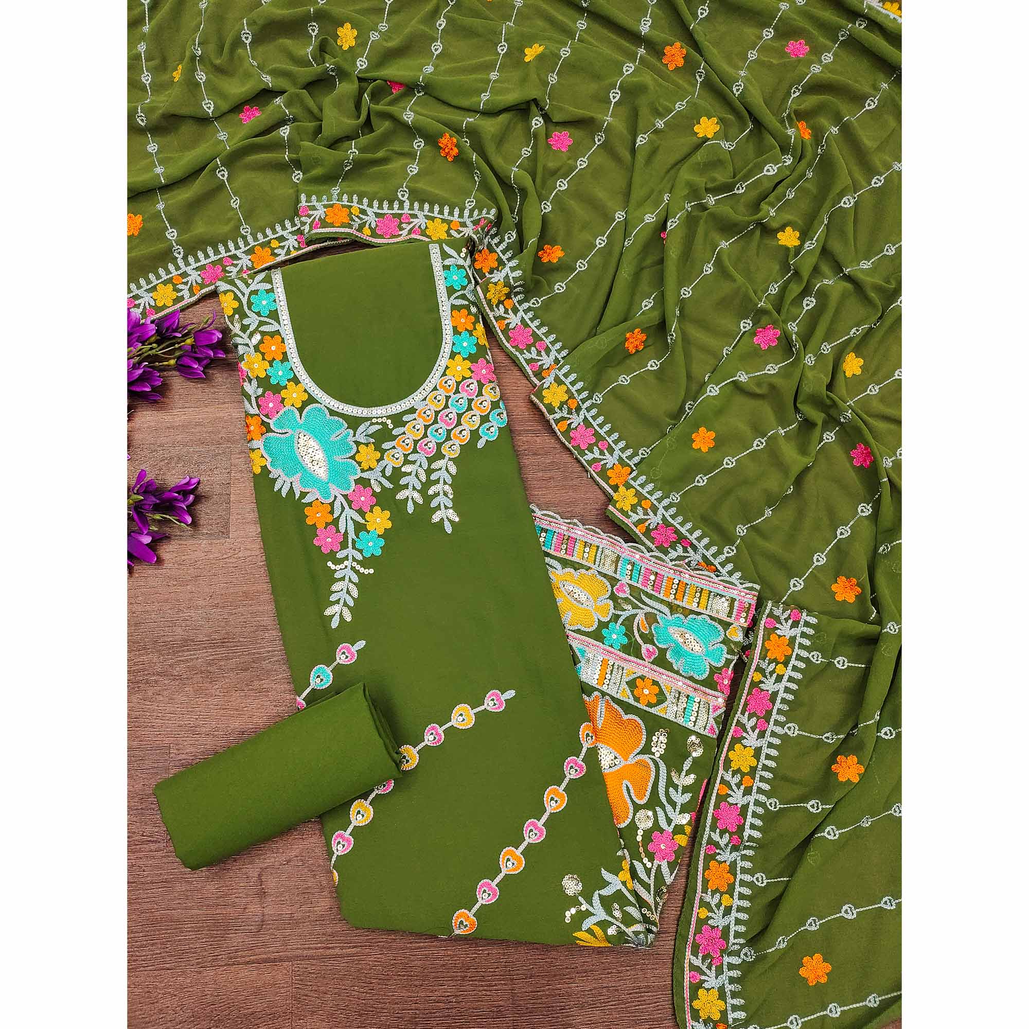 Mehendi Green Floral Sequins Embroidered Georgette Dress Material