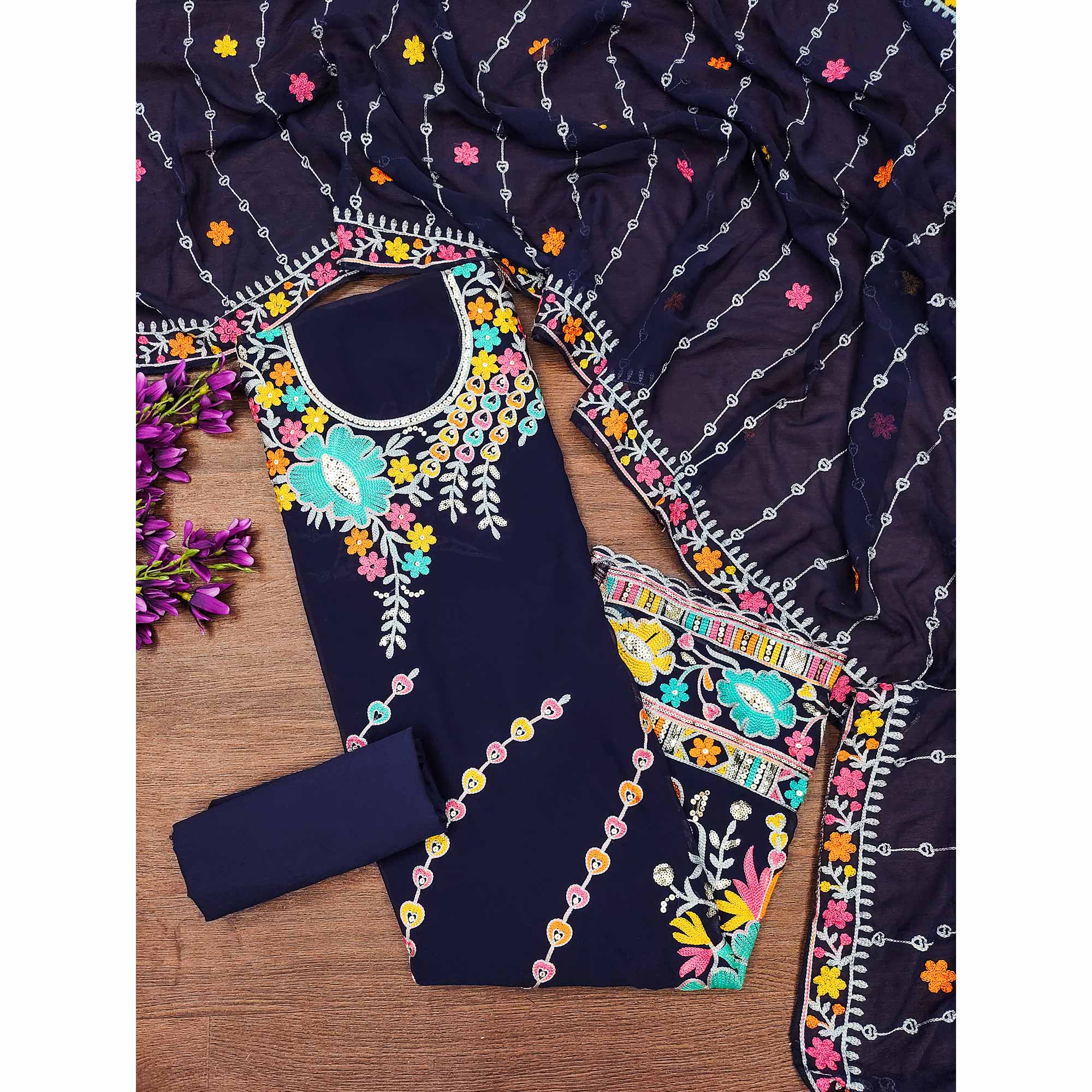 Navy Blue Floral Sequins Embroidered Georgette Dress Material