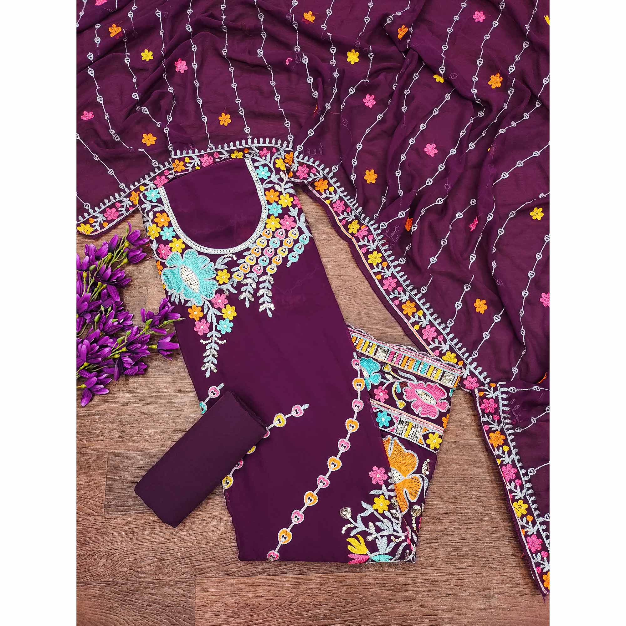 Purple Floral Sequins Embroidered Georgette Dress Material